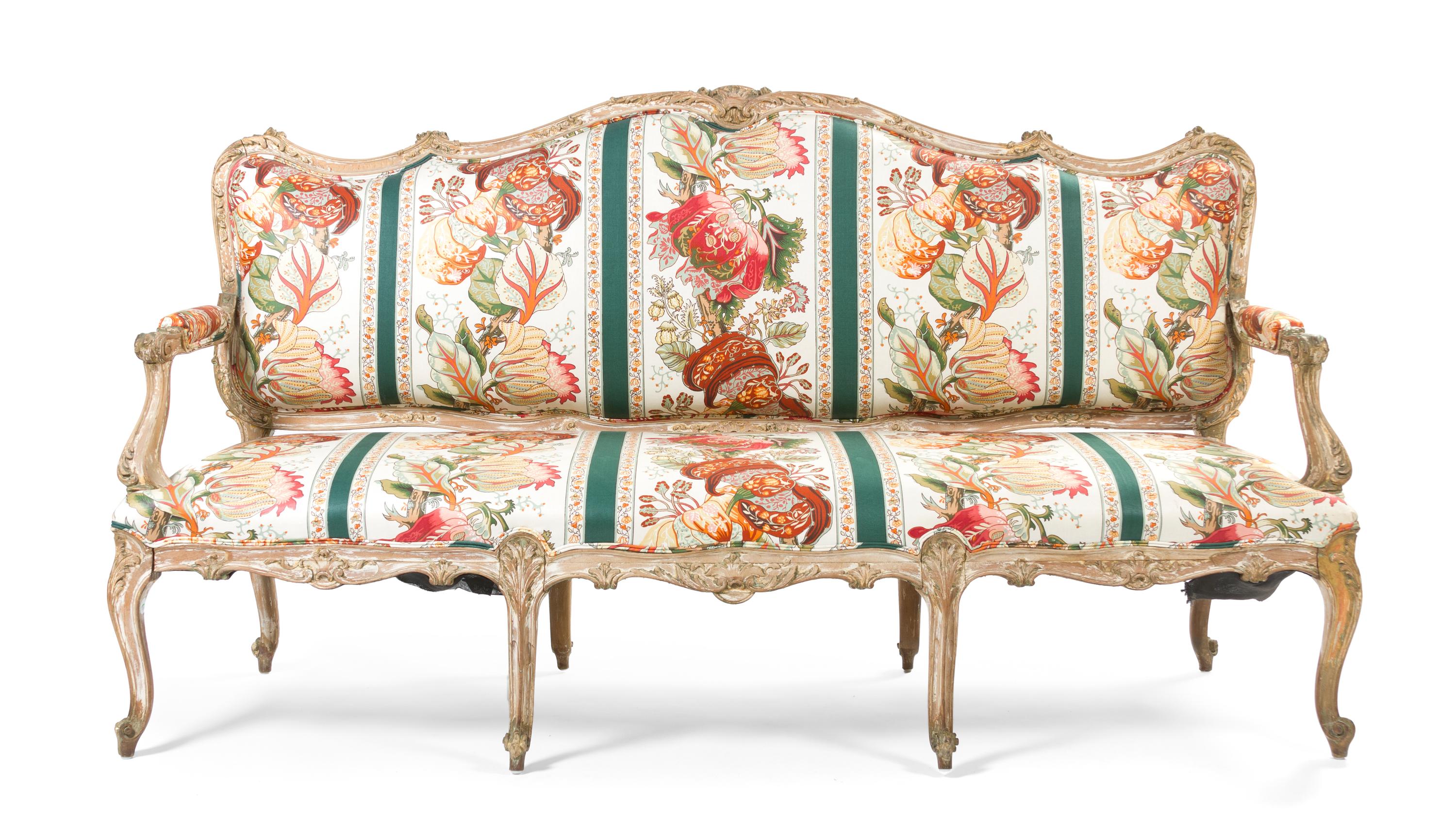 A Louis XV Style Carved and Polychrome Decorated Canape, Width 73 inches.