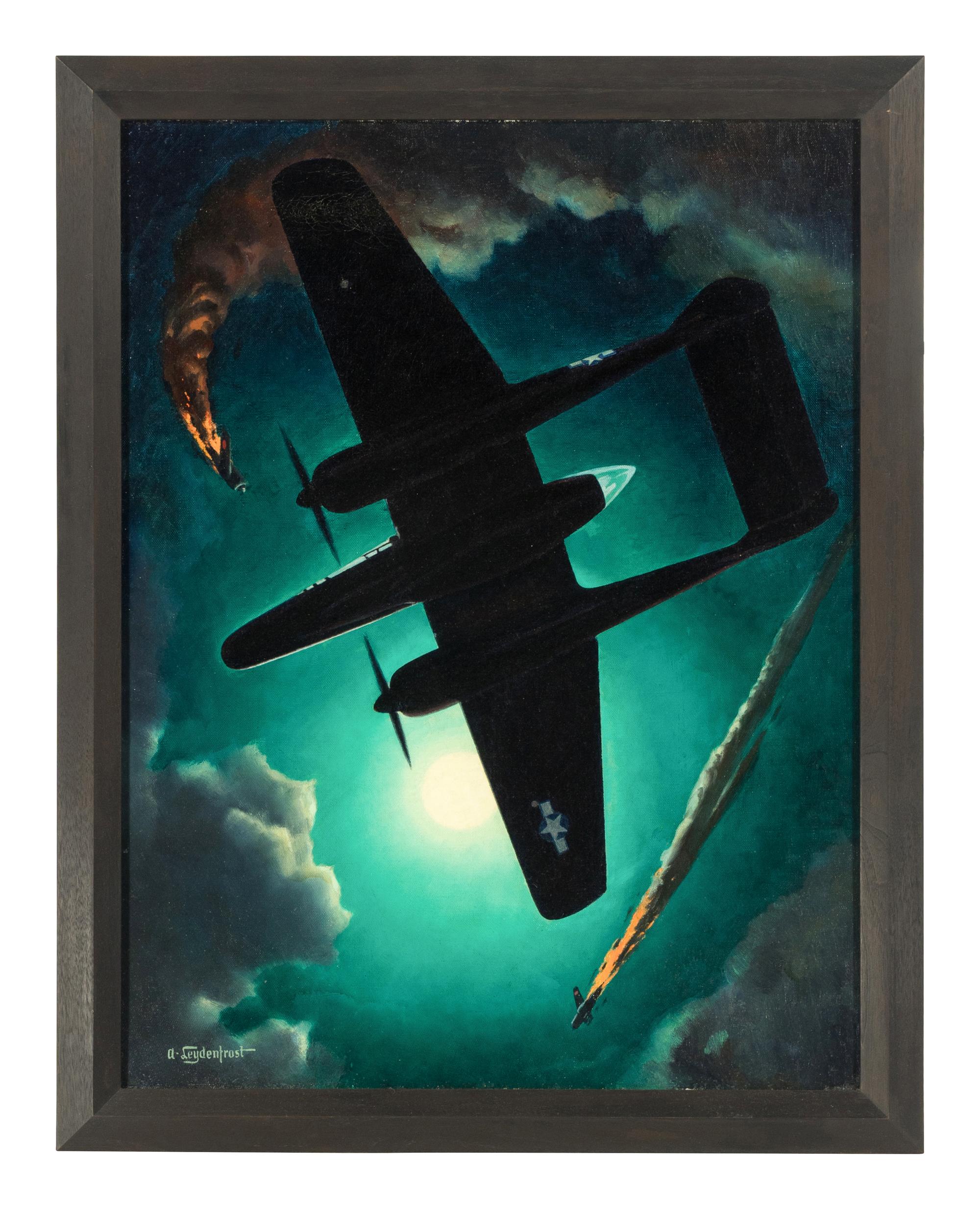 LEYDENFROST, Alexander (1888-1961). The Black Widow Flies at Night (Northrop's P-61). c. 1945.