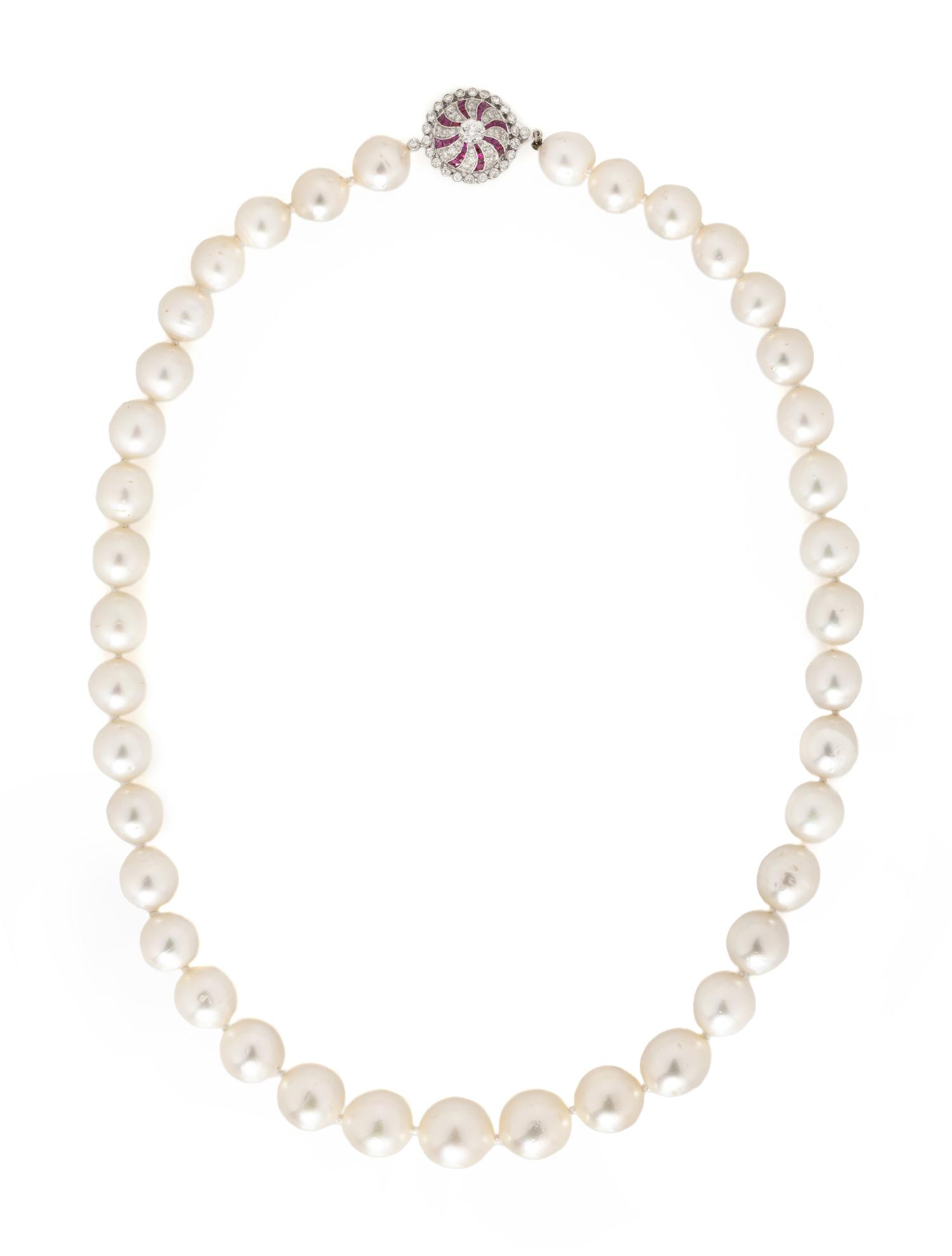 SOUTH SEA CULTURED PEARL, DIAMOND, AND RUBY NECKLACE
