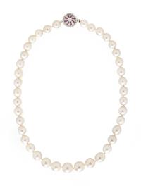 SOUTH SEA CULTURED PEARL, DIAMOND, AND RUBY NECKLACE