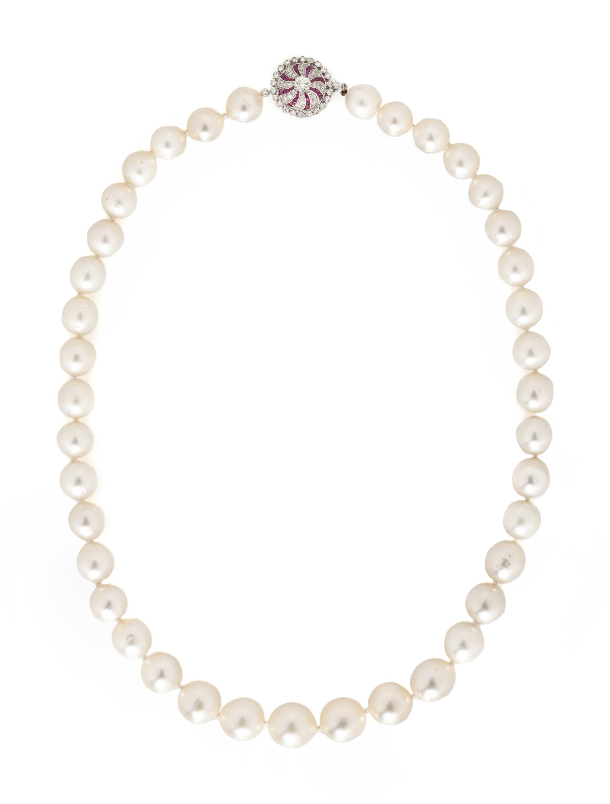 SOUTH SEA CULTURED PEARL, DIAMOND, AND RUBY NECKLACE