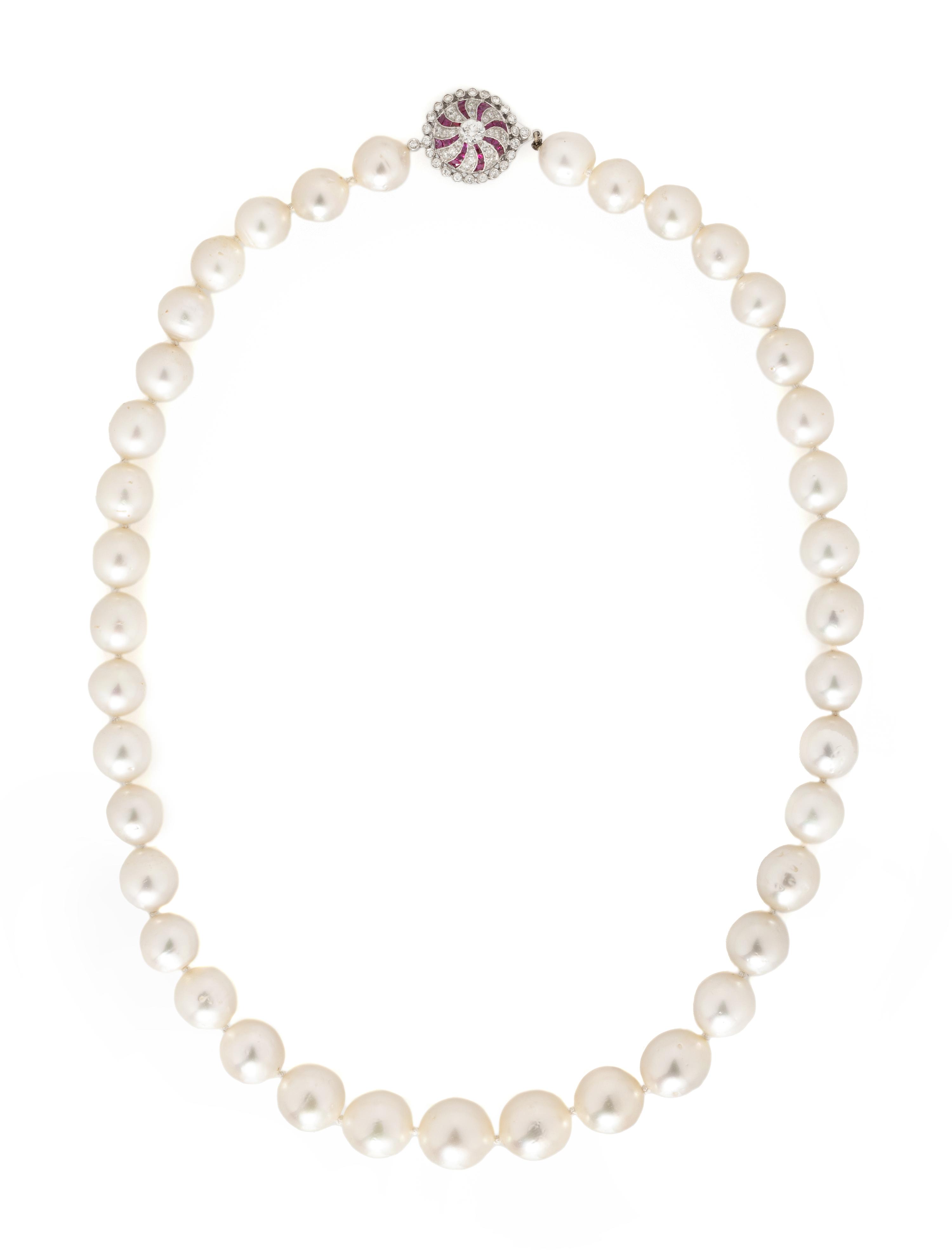SOUTH SEA CULTURED PEARL, DIAMOND, AND RUBY NECKLACE