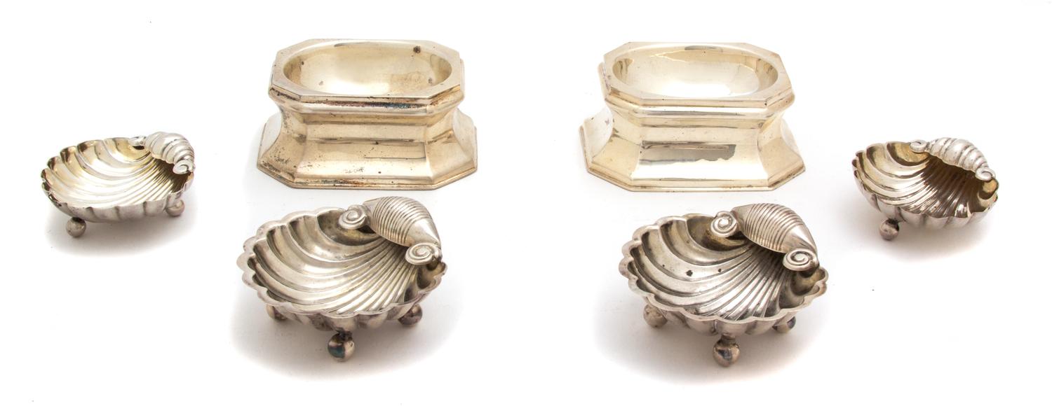 A Collection of Six English Silver Salts, Various Makers, comprising two pairs of shell form bowls and a pair of trencher salts