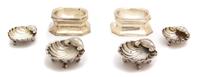 A Collection of Six English Silver Salts, Various Makers, comprising two pairs of shell form bowls and a pair of trencher salts