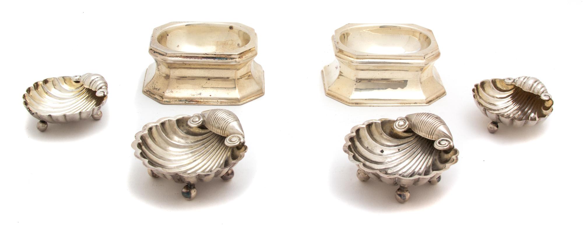 A Collection of Six English Silver Salts, Various Makers, comprising two pairs of shell form bowls and a pair of trencher salts
