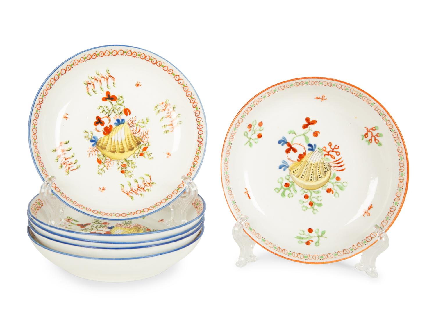 Six English New Hall Porcelain Works Hard Paste Shallow Bowls in the Yellow Shell pattern — C. 1810