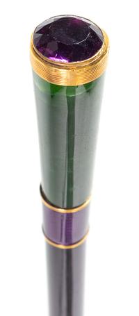 An 18-Karat Gold and Amethyst Mounted Guilloche Enamel Walking Stick Length 36 inches. — LATE 19TH CENTURY