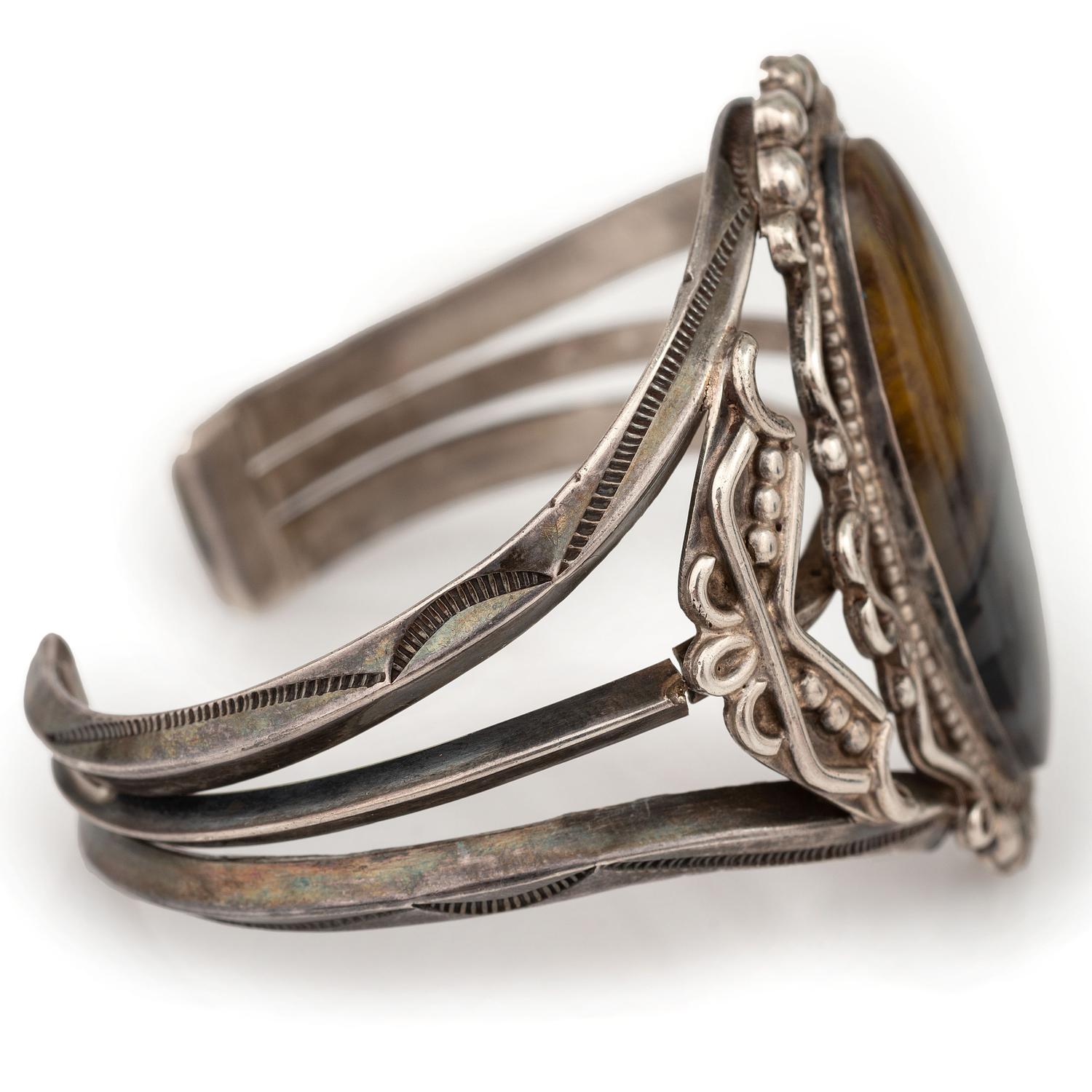 Navajo Fred Harvey Era Silver and Petrified Wood Cuff Bracelet