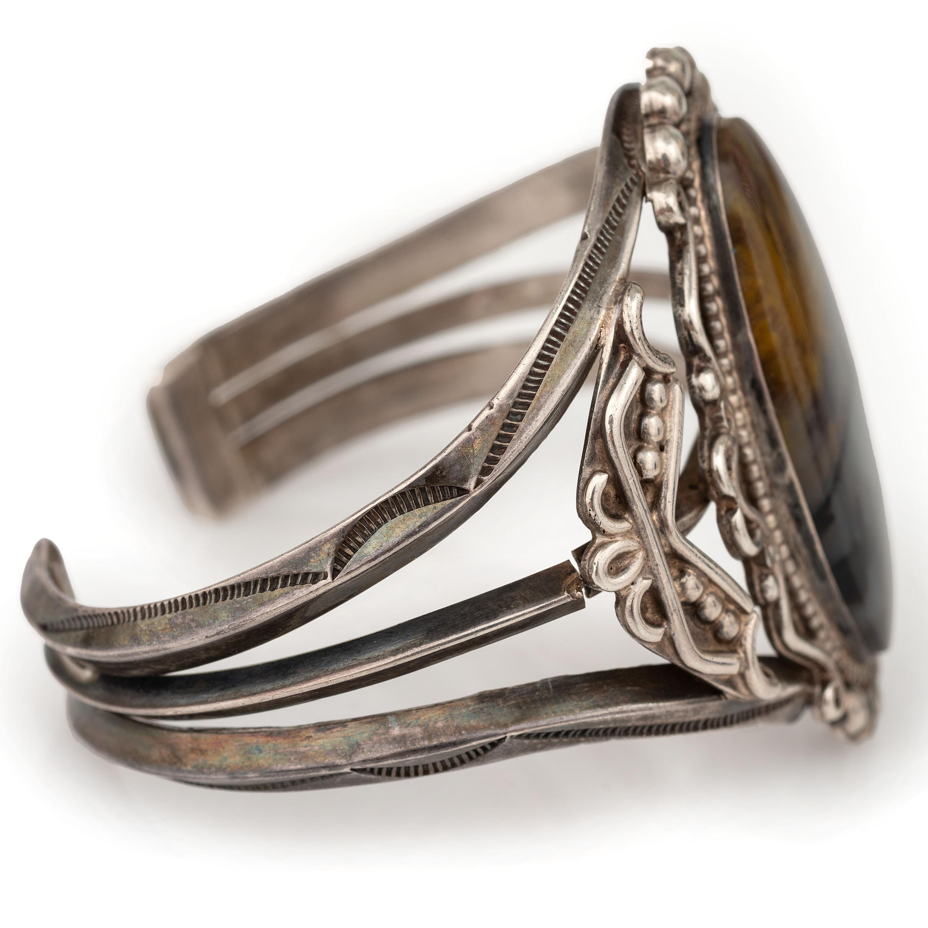 Navajo Fred Harvey Era Silver and Petrified Wood Cuff Bracelet