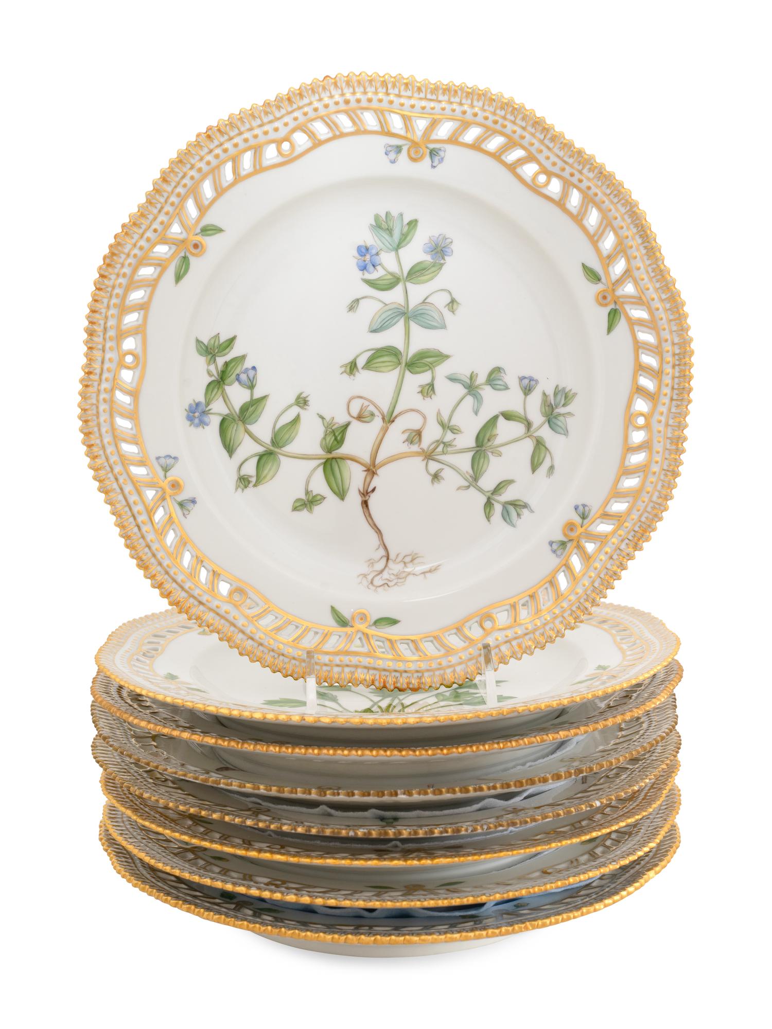 A Set of Eight Royal Copenhagen Flora Danica Reticulated Luncheon Plates