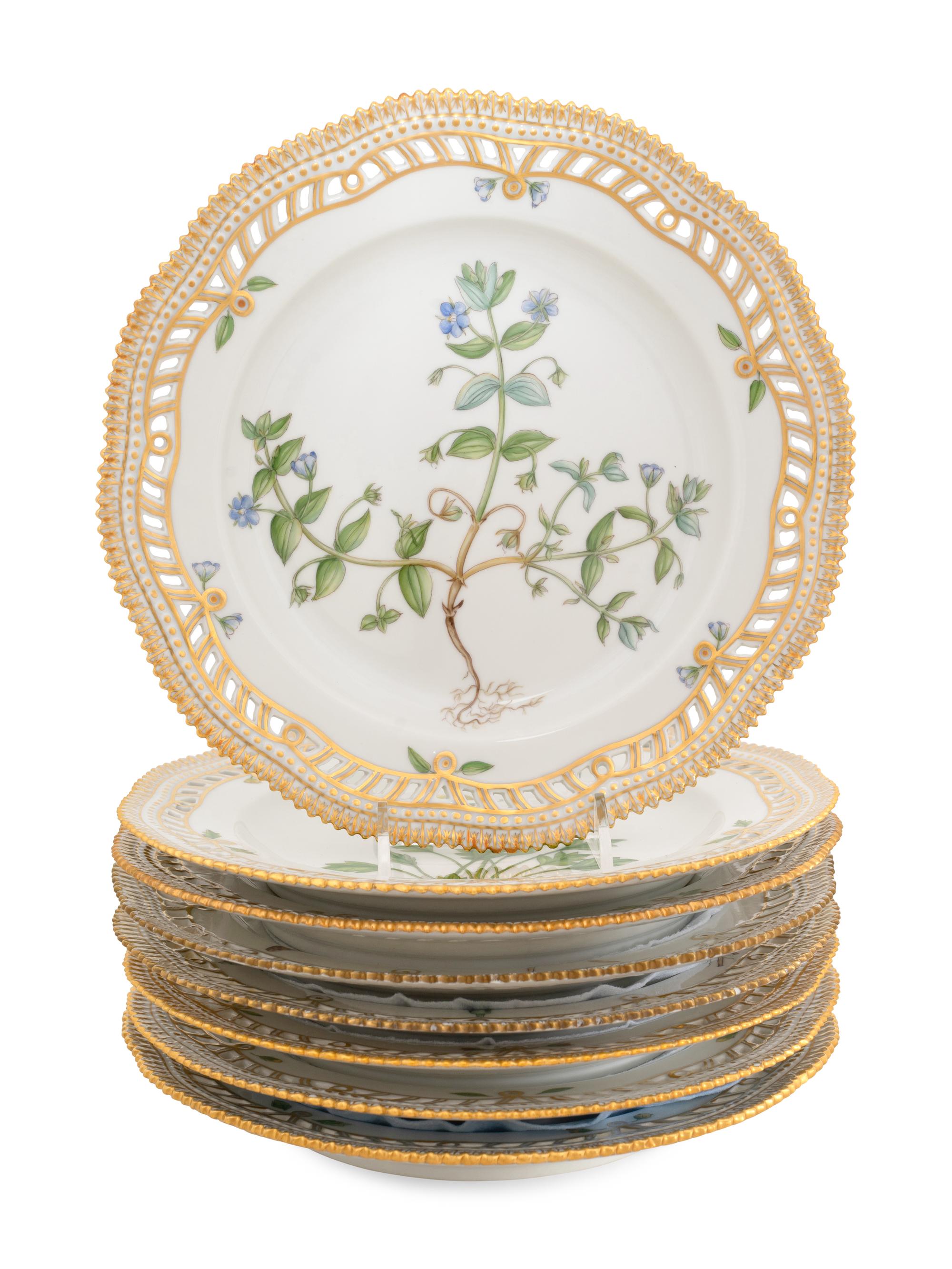 A Set of Eight Royal Copenhagen Flora Danica Reticulated Luncheon Plates