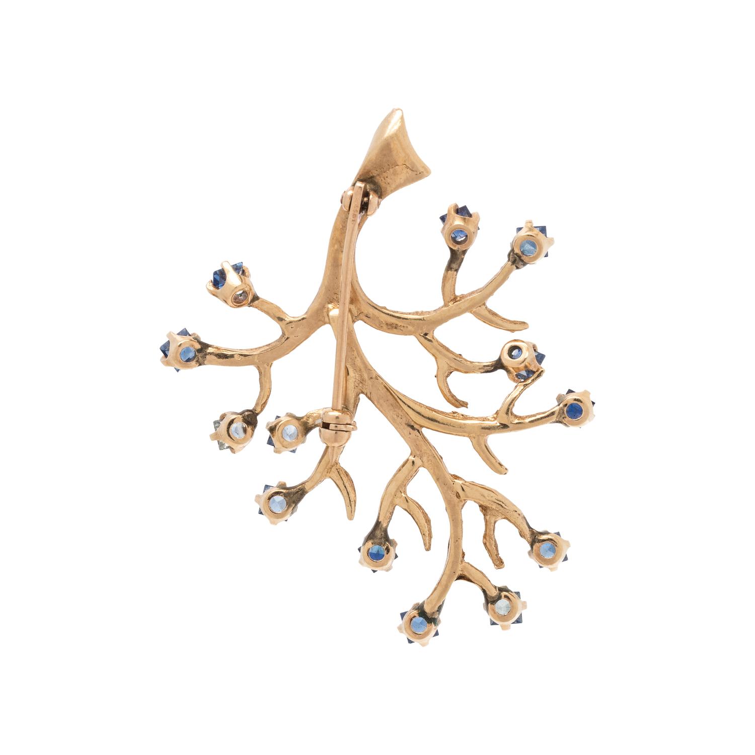 YELLOW GOLD AND SAPPHIRE TREE MOTIF BROOCH