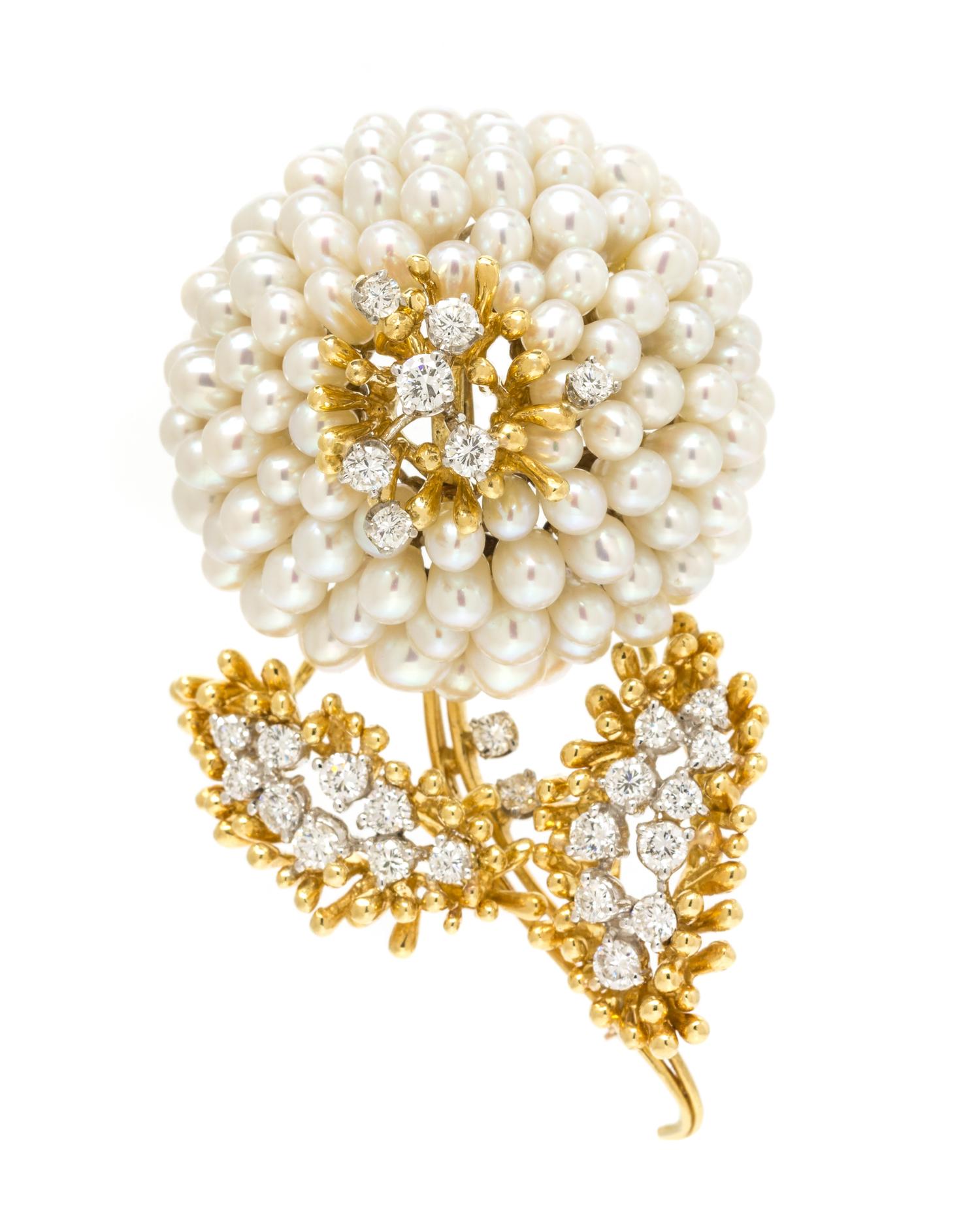An 18 Karat Bicolor Gold, Diamond and Cultured Pearl Flower Motif Brooch, Kurt Wayne, 25.15 dwts.