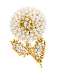 An 18 Karat Bicolor Gold, Diamond and Cultured Pearl Flower Motif Brooch, Kurt Wayne, 25.15 dwts.