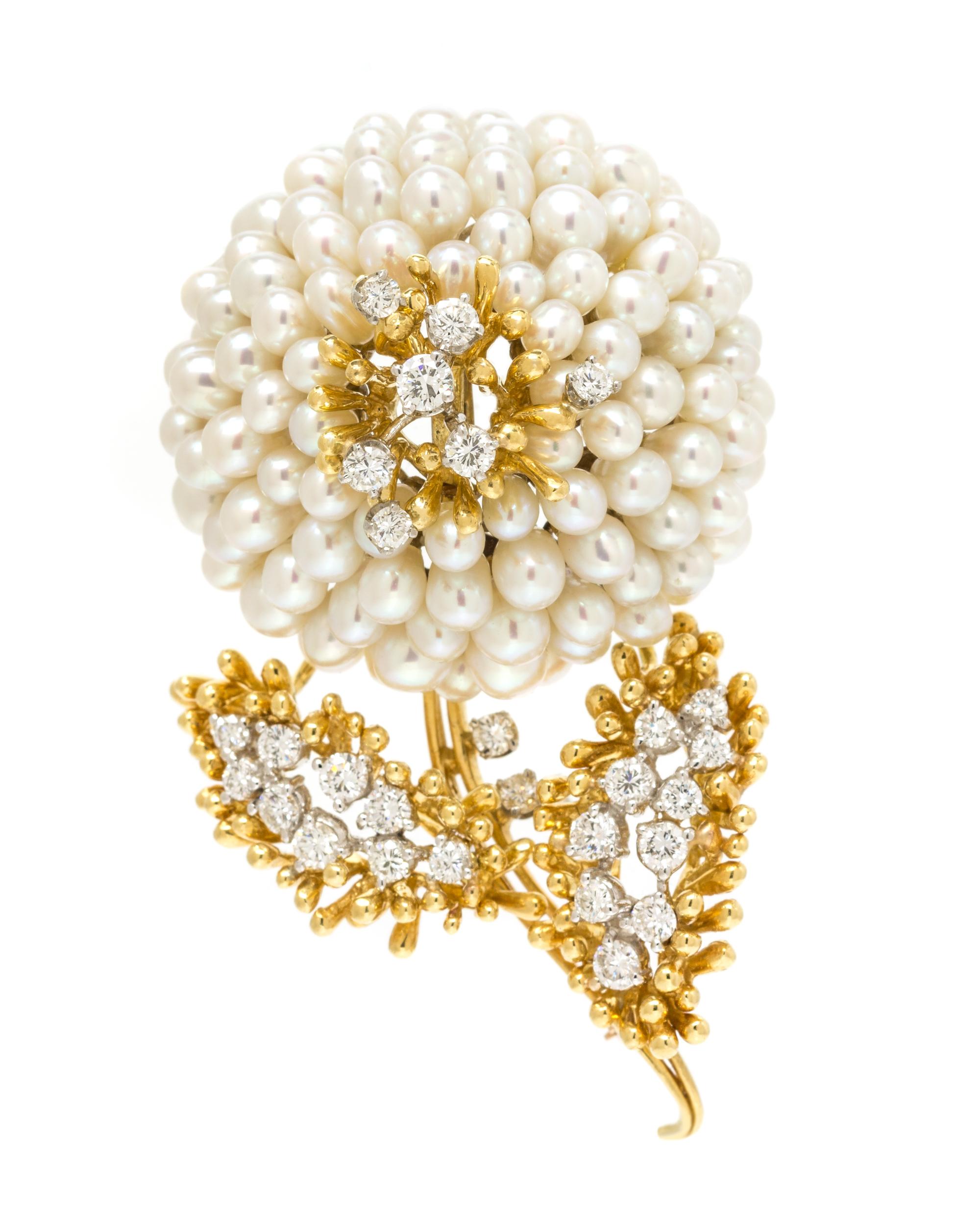An 18 Karat Bicolor Gold, Diamond and Cultured Pearl Flower Motif Brooch, Kurt Wayne, 25.15 dwts.