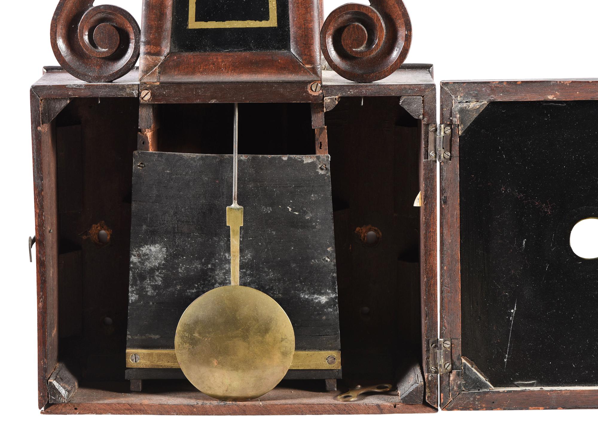 A Federal Eglomise Inset Mahogany Banjo Clock with Scroll Sides