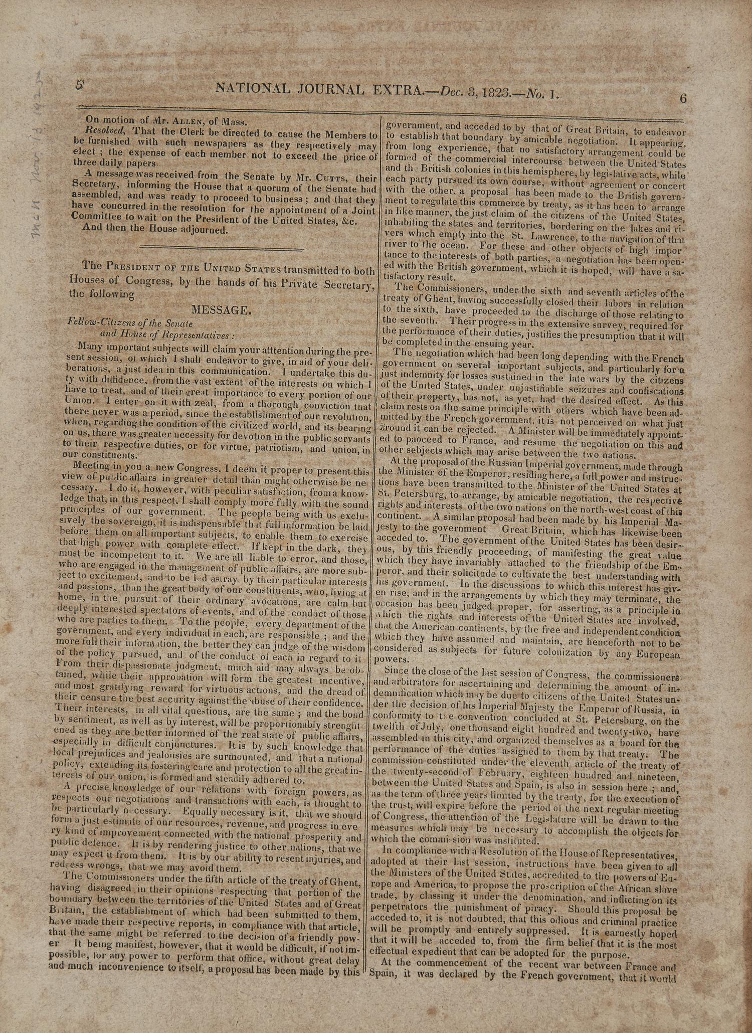 [Monroe Doctrine] One of The Earliest Printings of the Monroe Doctrine