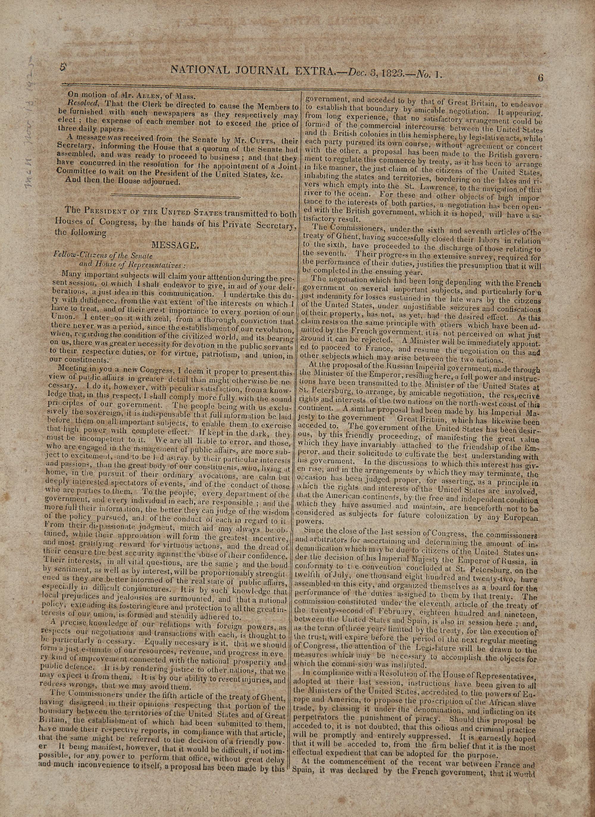 [Monroe Doctrine] One of The Earliest Printings of the Monroe Doctrine