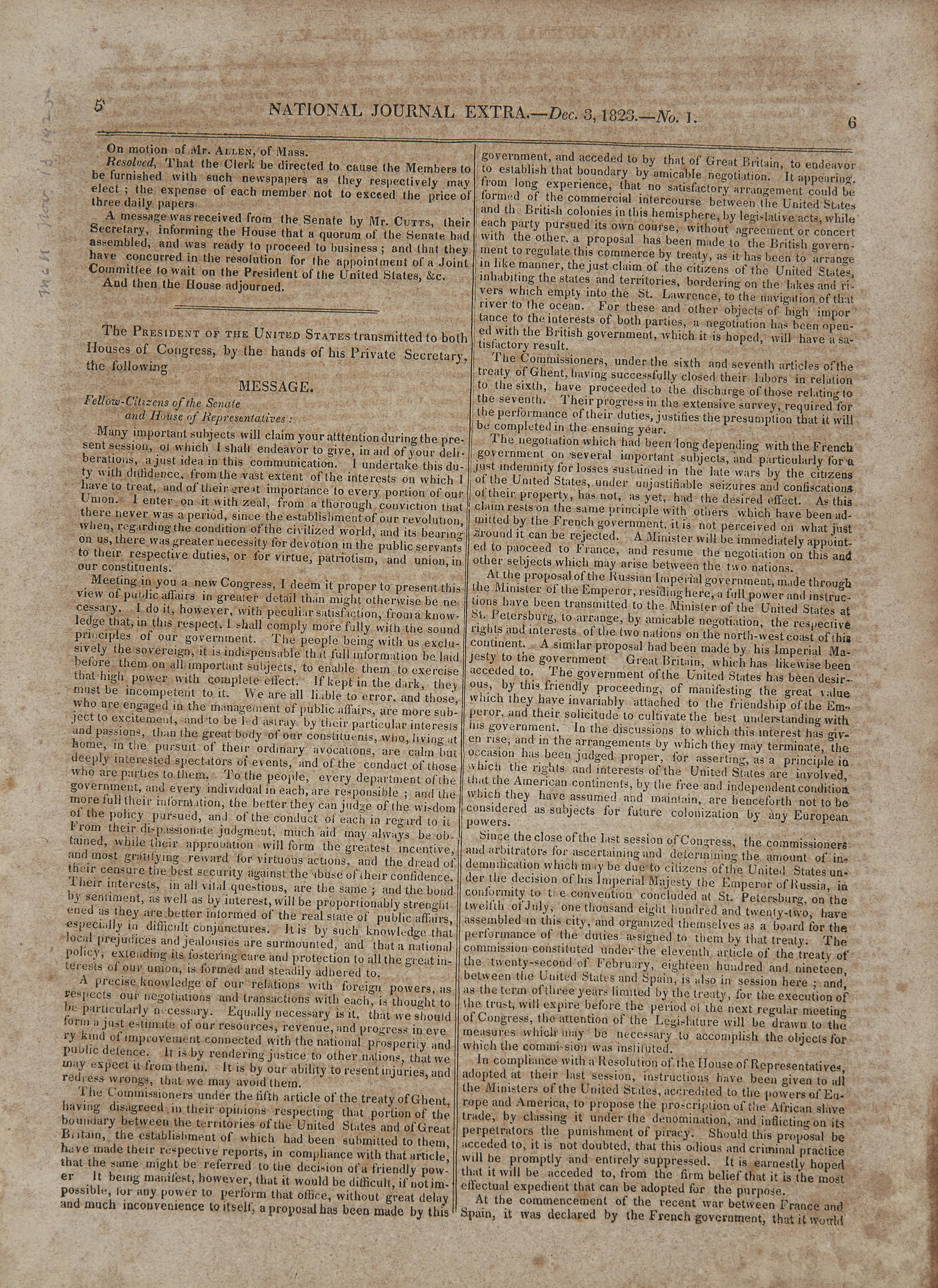 [Monroe Doctrine] One of The Earliest Printings of the Monroe Doctrine