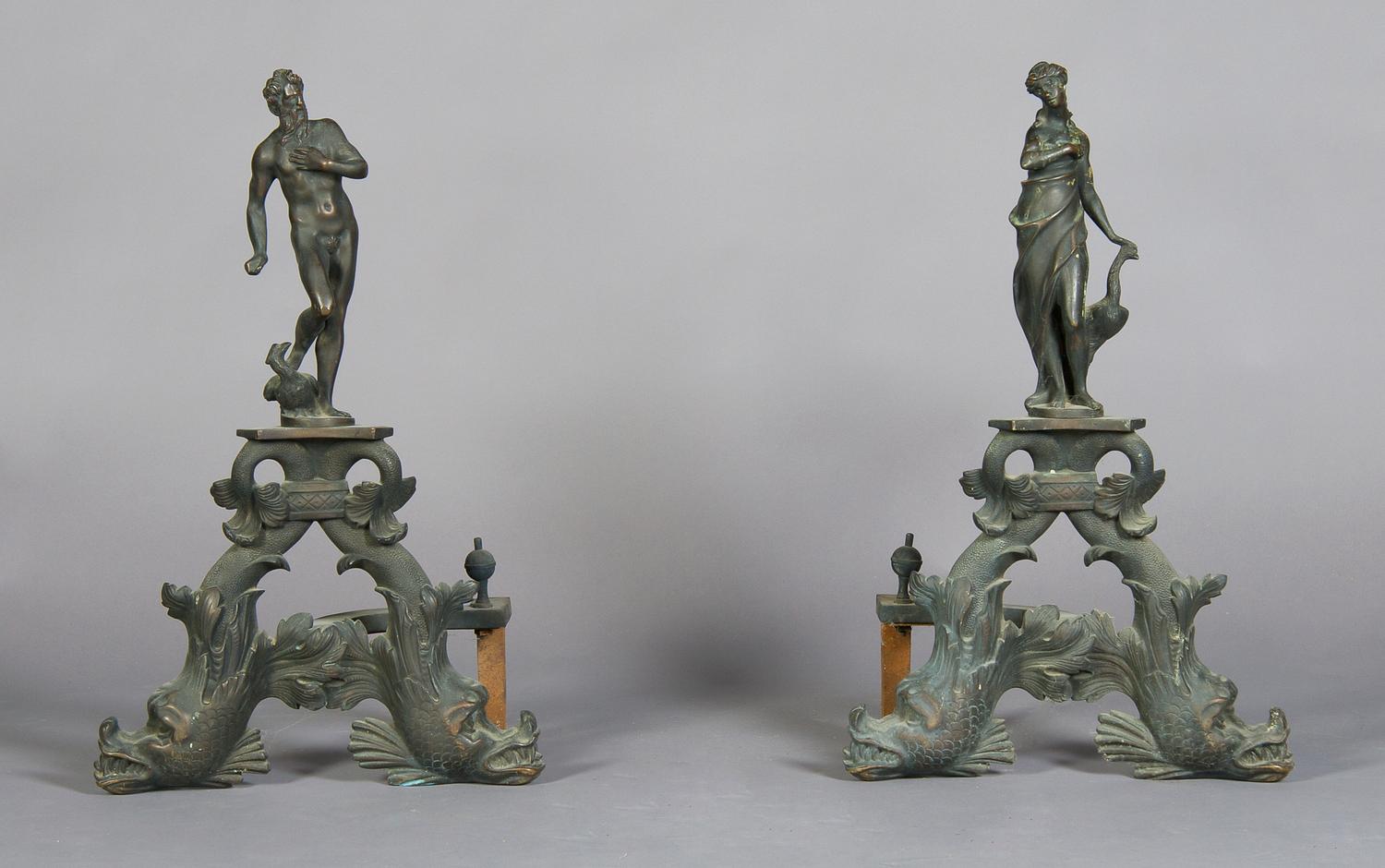 A Pair of Cast Iron Figural Andirons, Height 25 inches.
