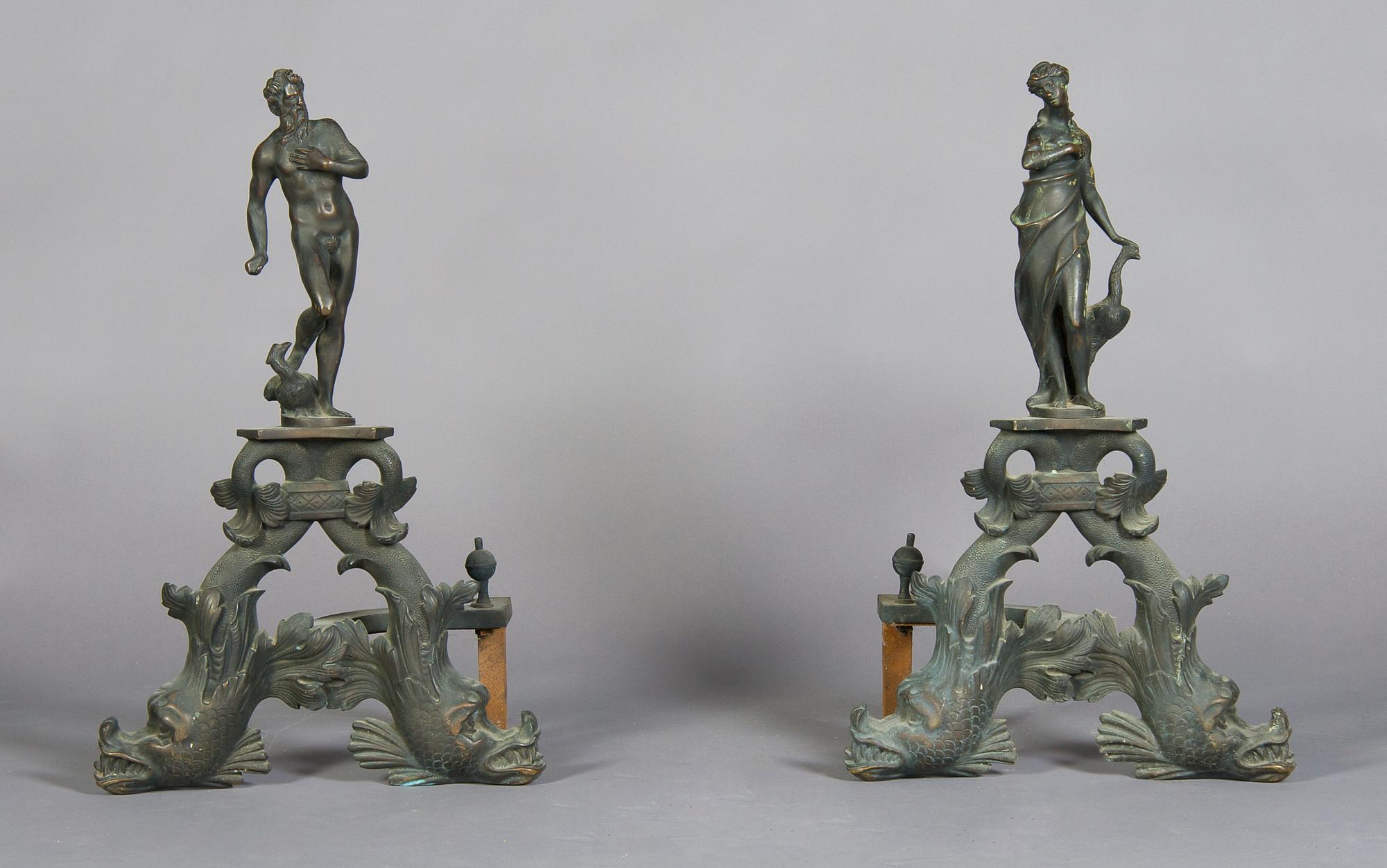 A Pair of Cast Iron Figural Andirons, Height 25 inches.