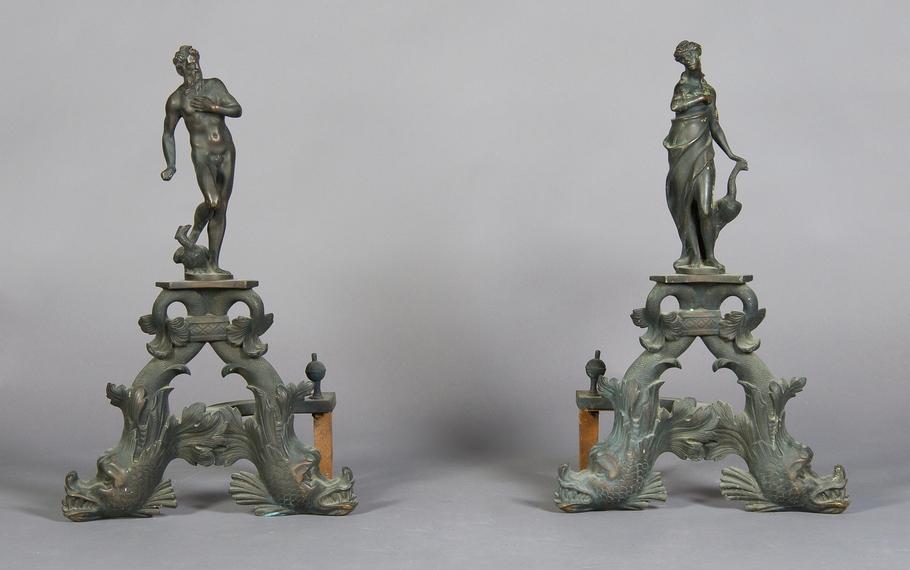 A Pair of Cast Iron Figural Andirons, Height 25 inches.
