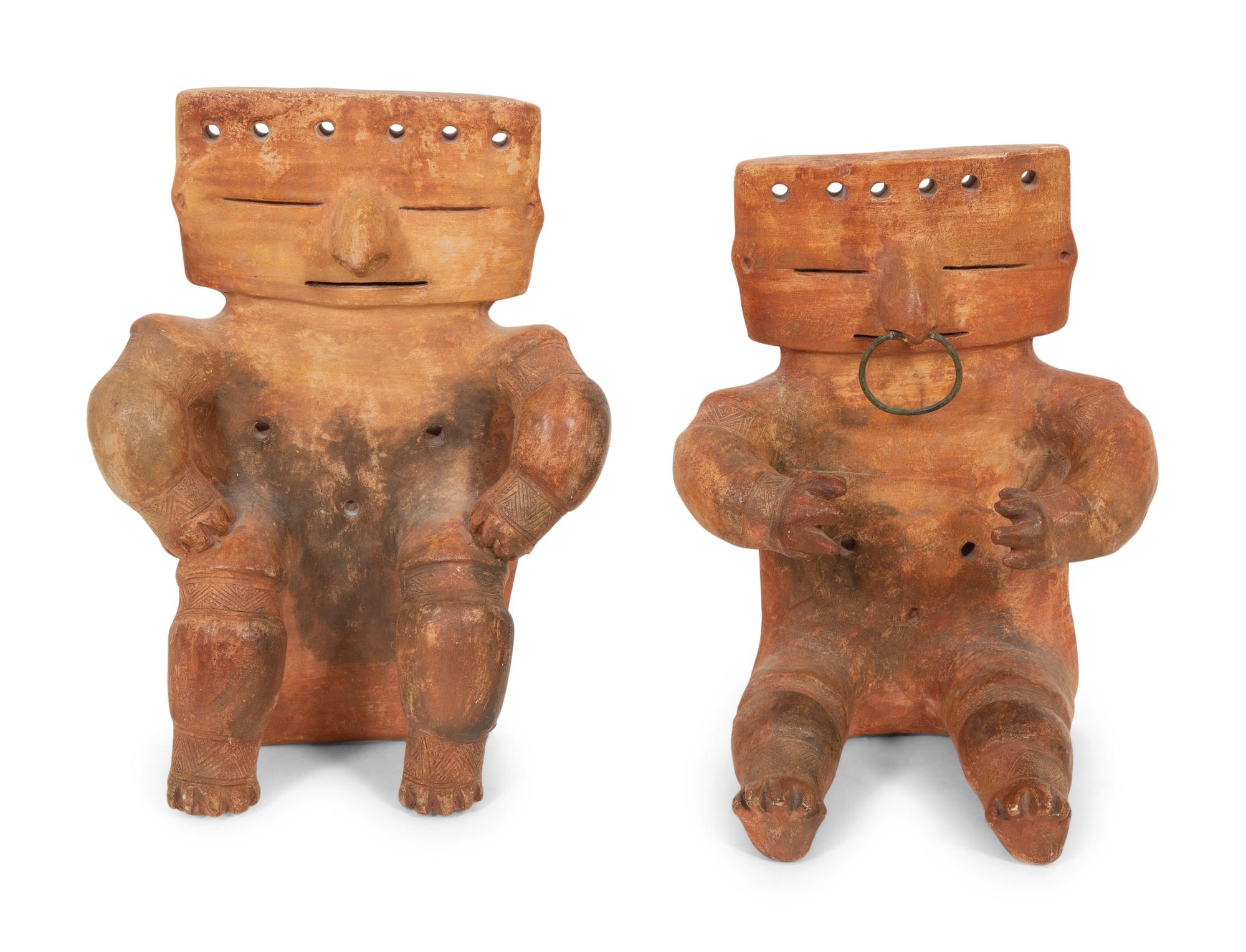 Two Quimbaya Style Pottery Seated Figures