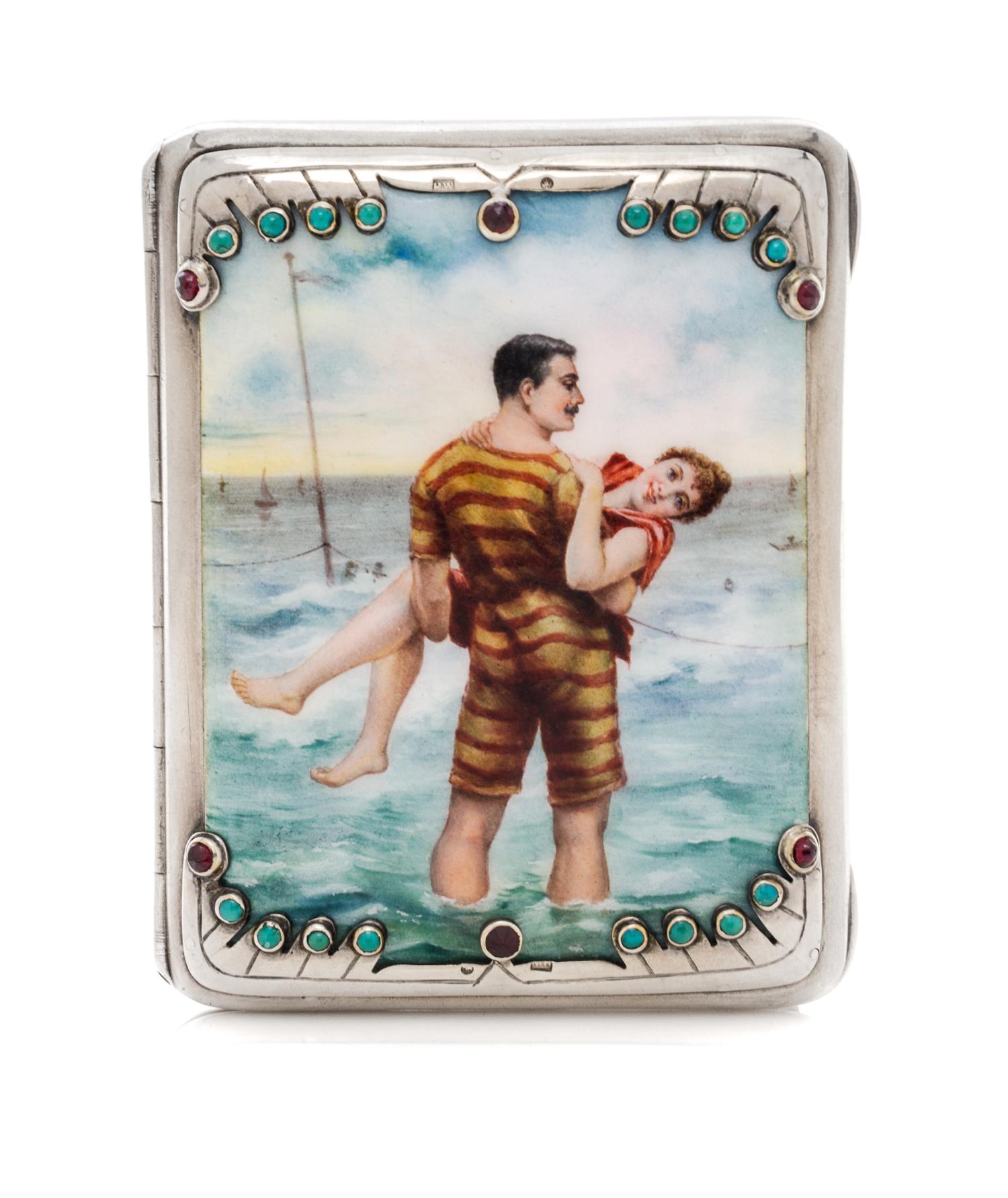 A Russian Jeweled and Enameled Silver Cigarette Case, Maker's mark likely HW, St. Petersburg, late 19th/early 20th century, the lid pai