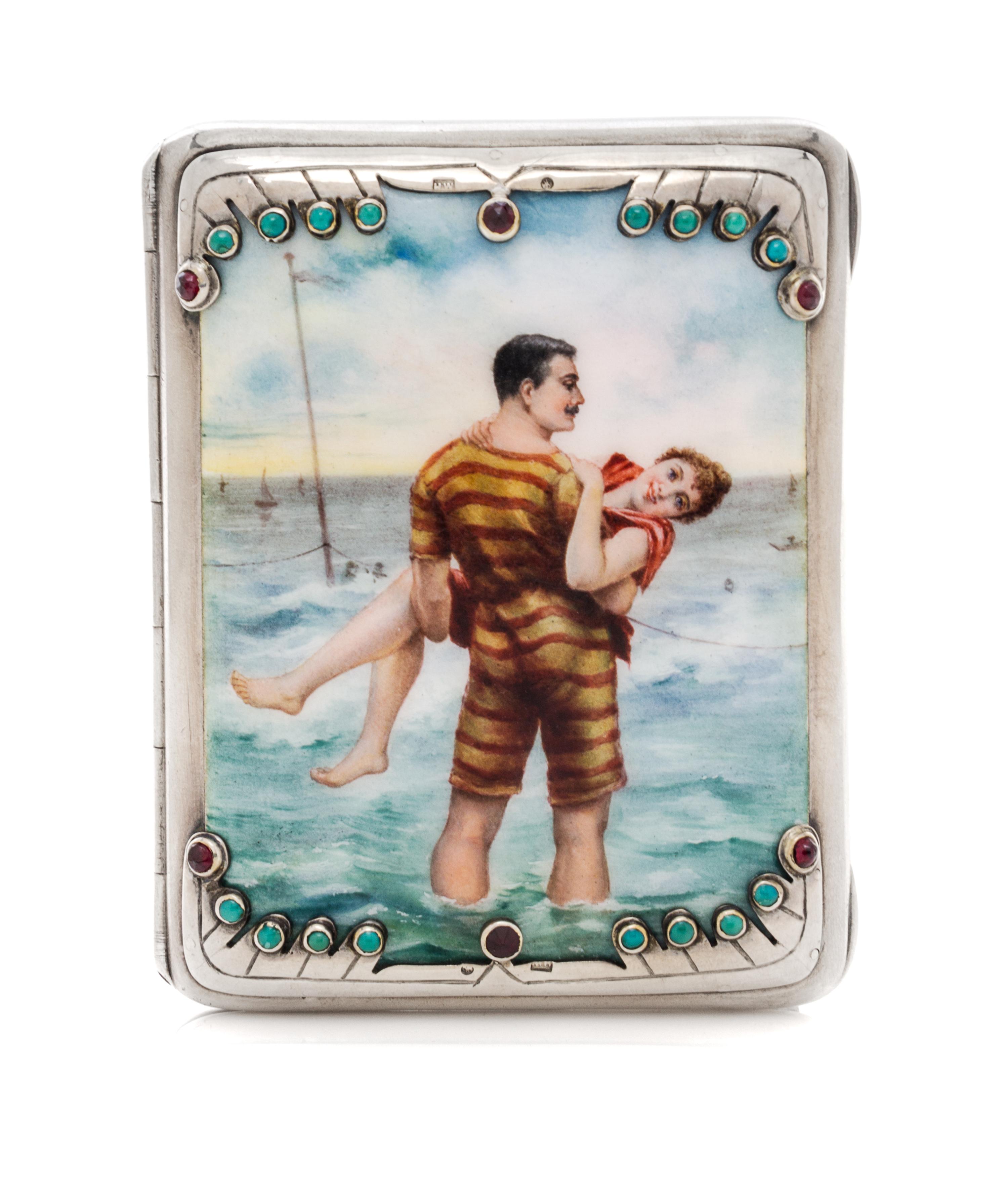 A Russian Jeweled and Enameled Silver Cigarette Case, Maker's mark likely HW, St. Petersburg, late 19th/early 20th century, the lid pai