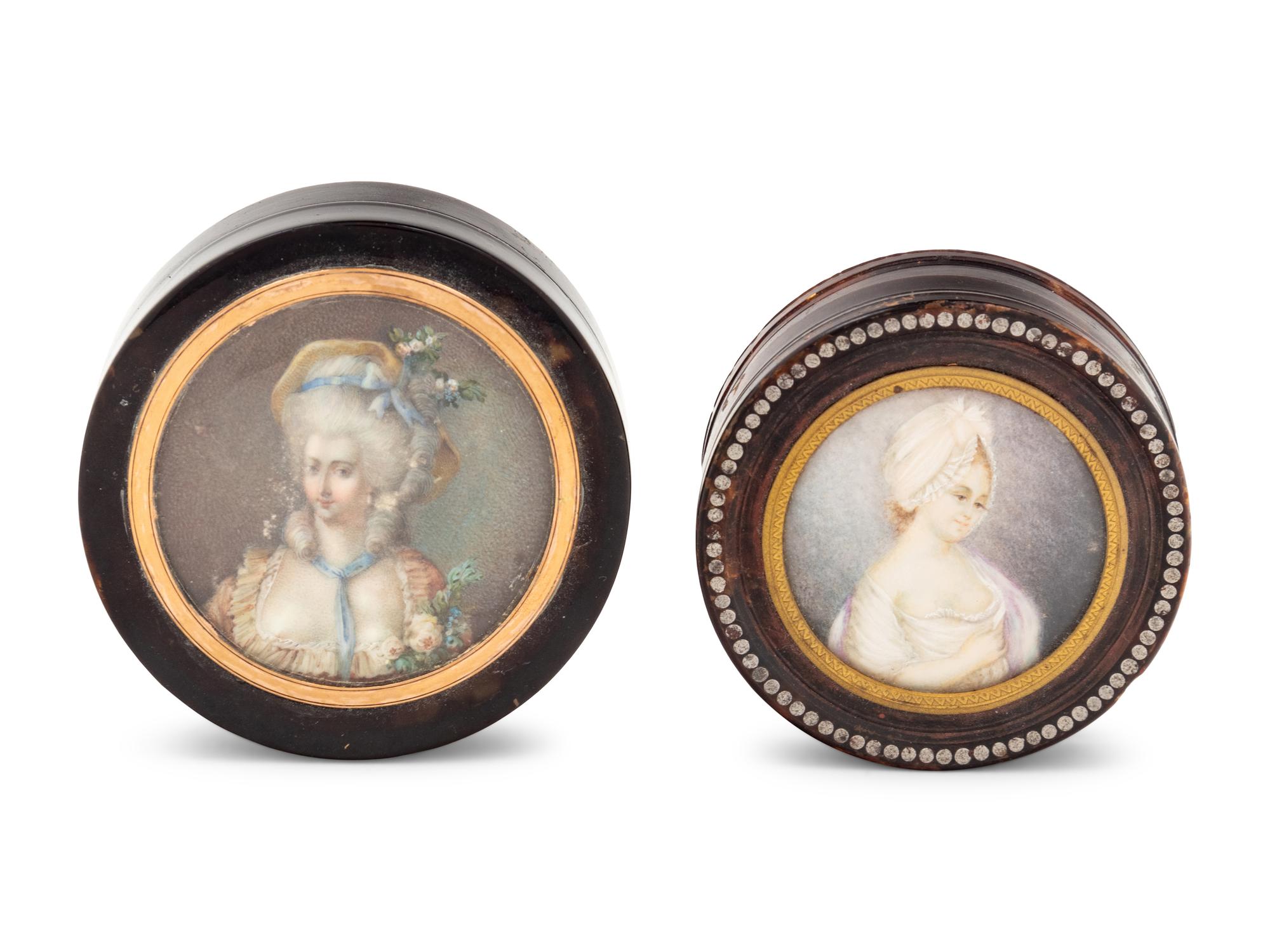 Two Continental Gilt Metal Mounted and Portrait Miniature Inset Tortoiseshell Snuff Boxes