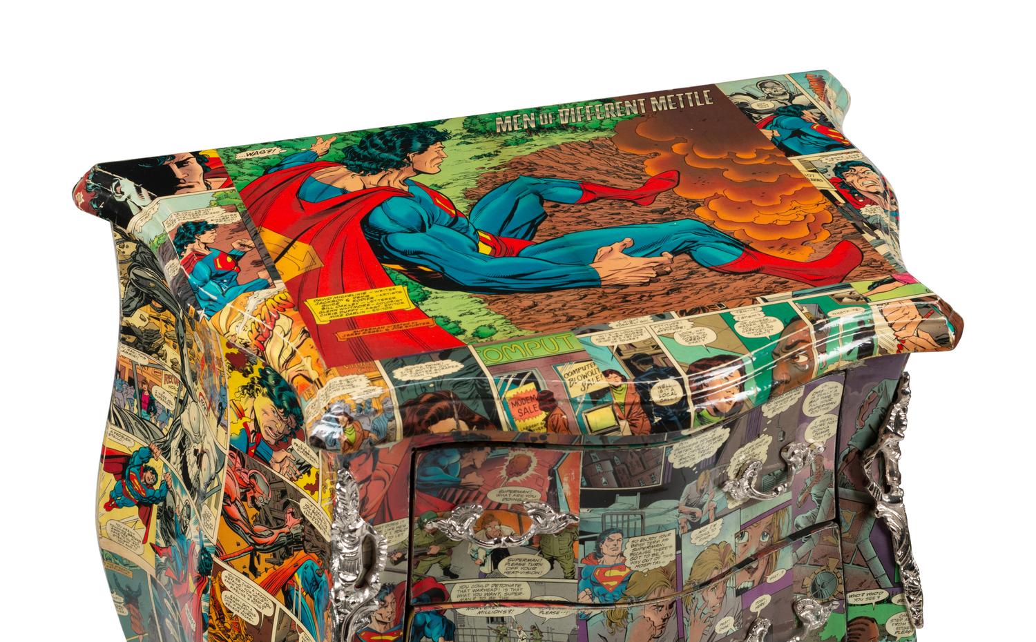 A Pair of Comic-Découpaged Small Commodes