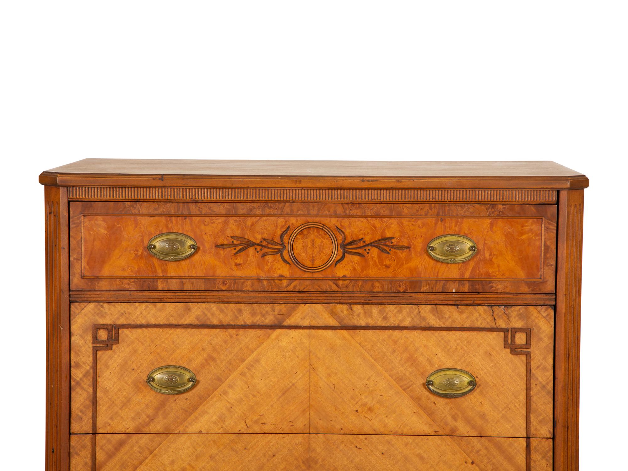 A French Empire Style Burl and Walnut Veneered Tall Chest — 20th Century
