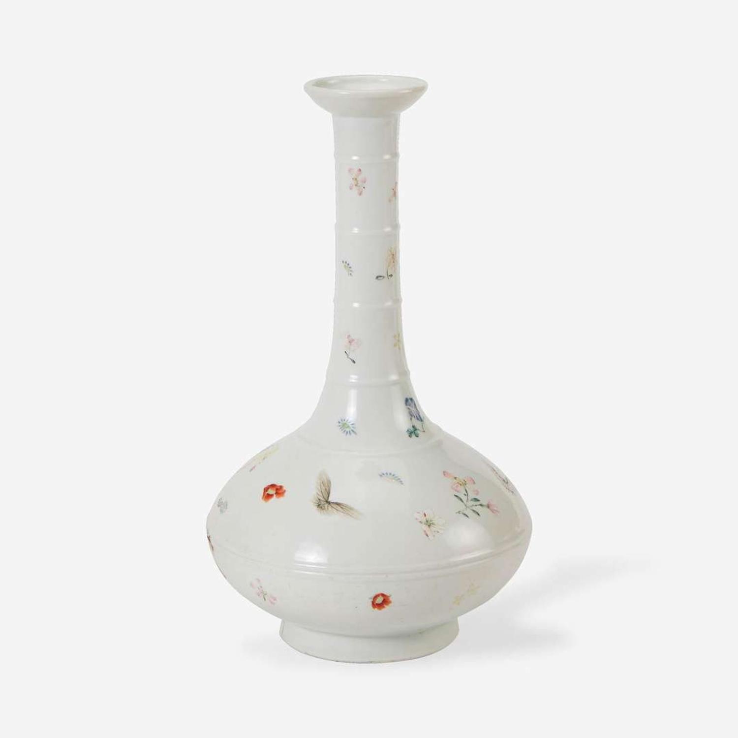 An unusual Chinese famille rose-decorated "Butterflies and Blossoms" bottle vase 珍罕粉彩長頸瓶 Yongzheng four-character mark Qing dynasty 雍正四字青花楷書款 清
