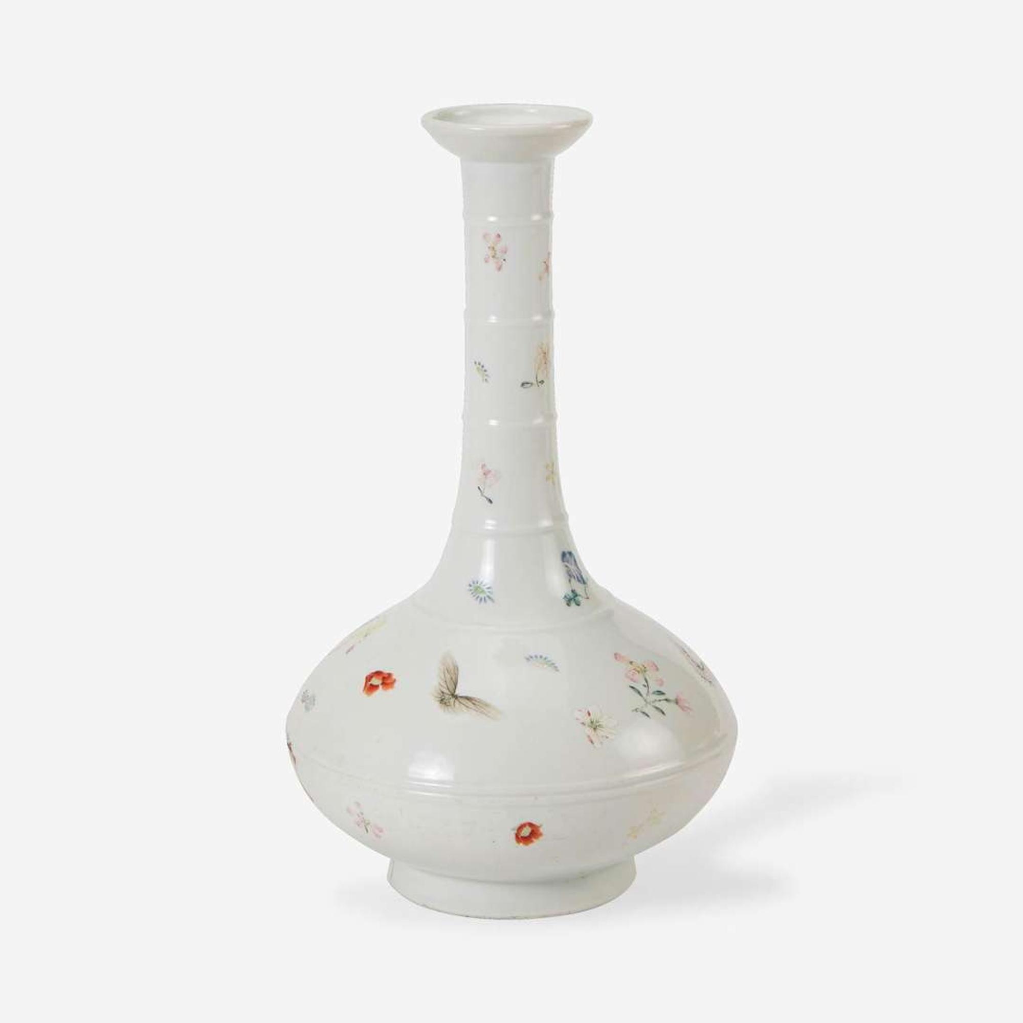 An unusual Chinese famille rose-decorated "Butterflies and Blossoms" bottle vase 珍罕粉彩長頸瓶 Yongzheng four-character mark Qing dynasty 雍正四字青花楷書款 清
