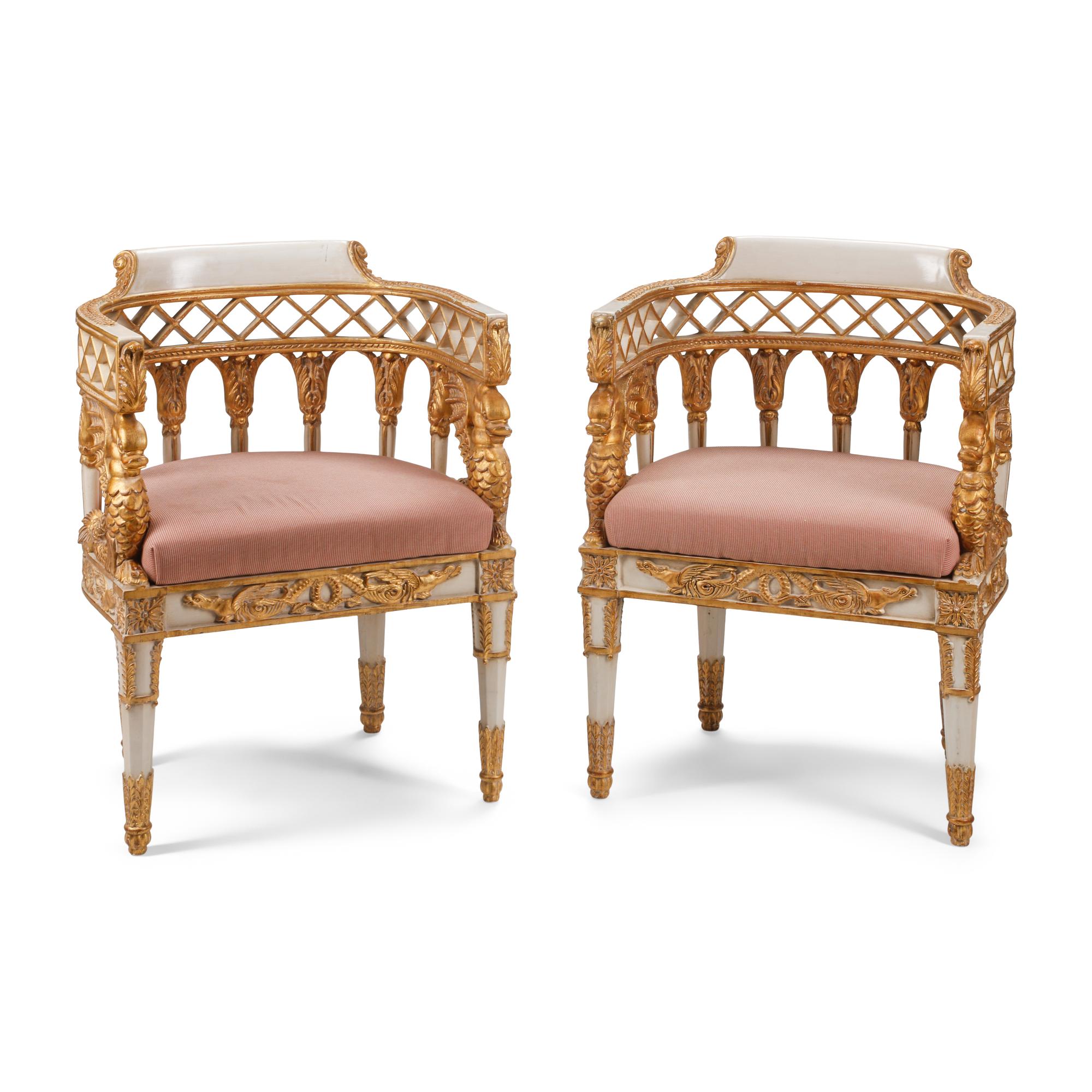 A Pair of Italian Neoclassical Style Painted and Parcel Gilt Armchairs