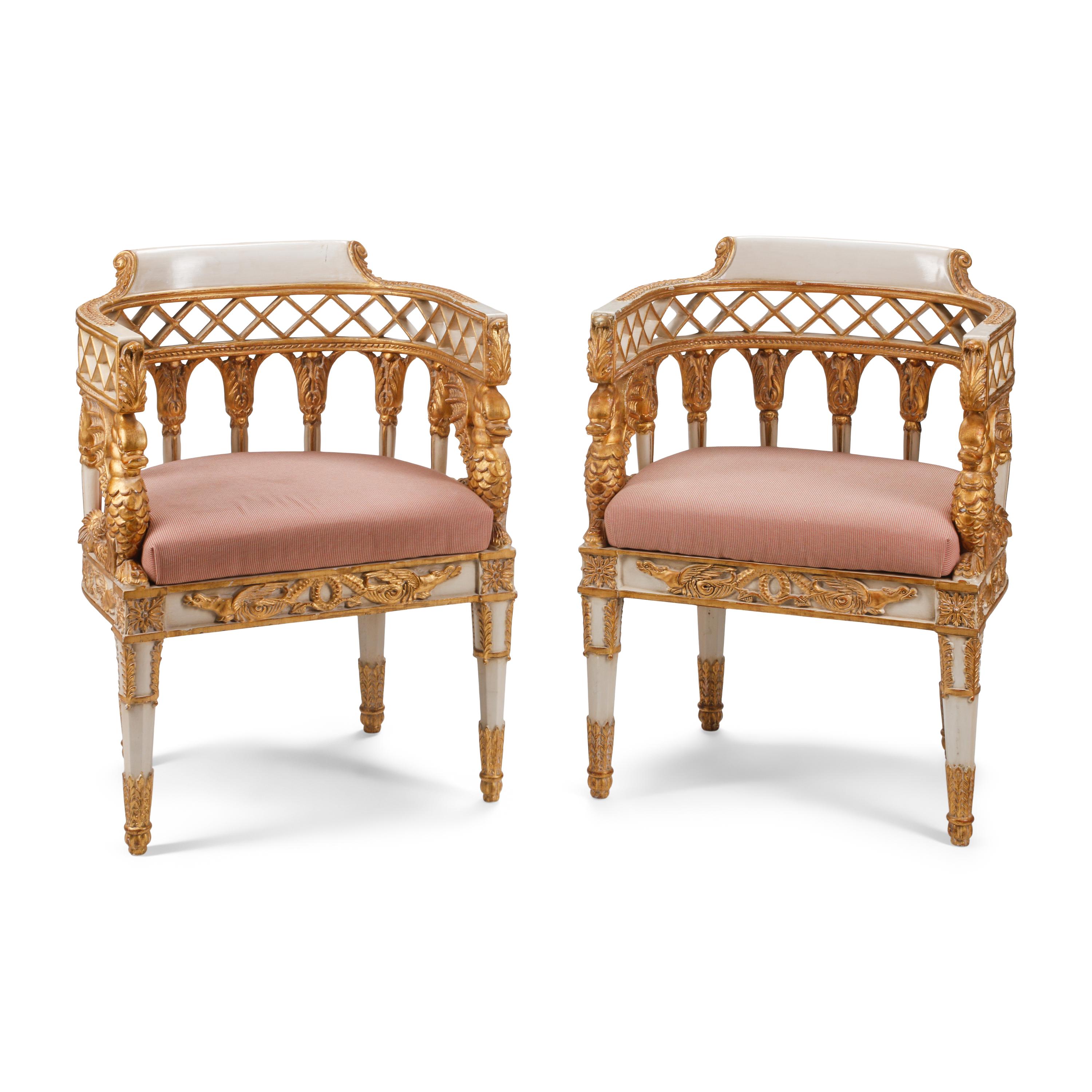 A Pair of Italian Neoclassical Style Painted and Parcel Gilt Armchairs