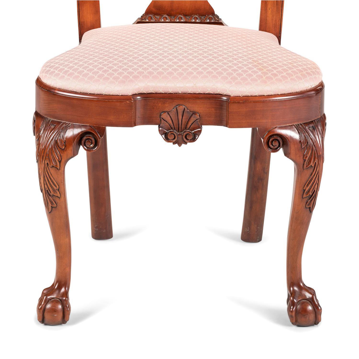 A Set of Four Queen Anne Style Shell and Volute Carved Cherrywood Compass-Seat Claw-and-Ball Foot Side Chairs