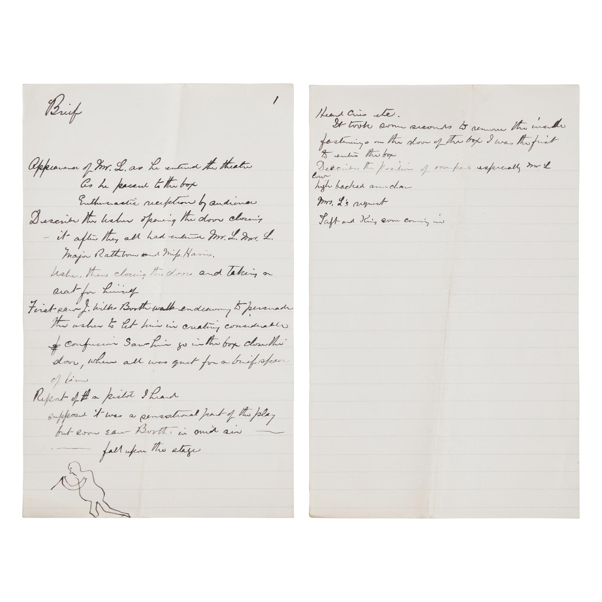 [Lincoln, Abraham] Leale, Charles A. Autograph Notes Recounting Lincoln's Assassination
