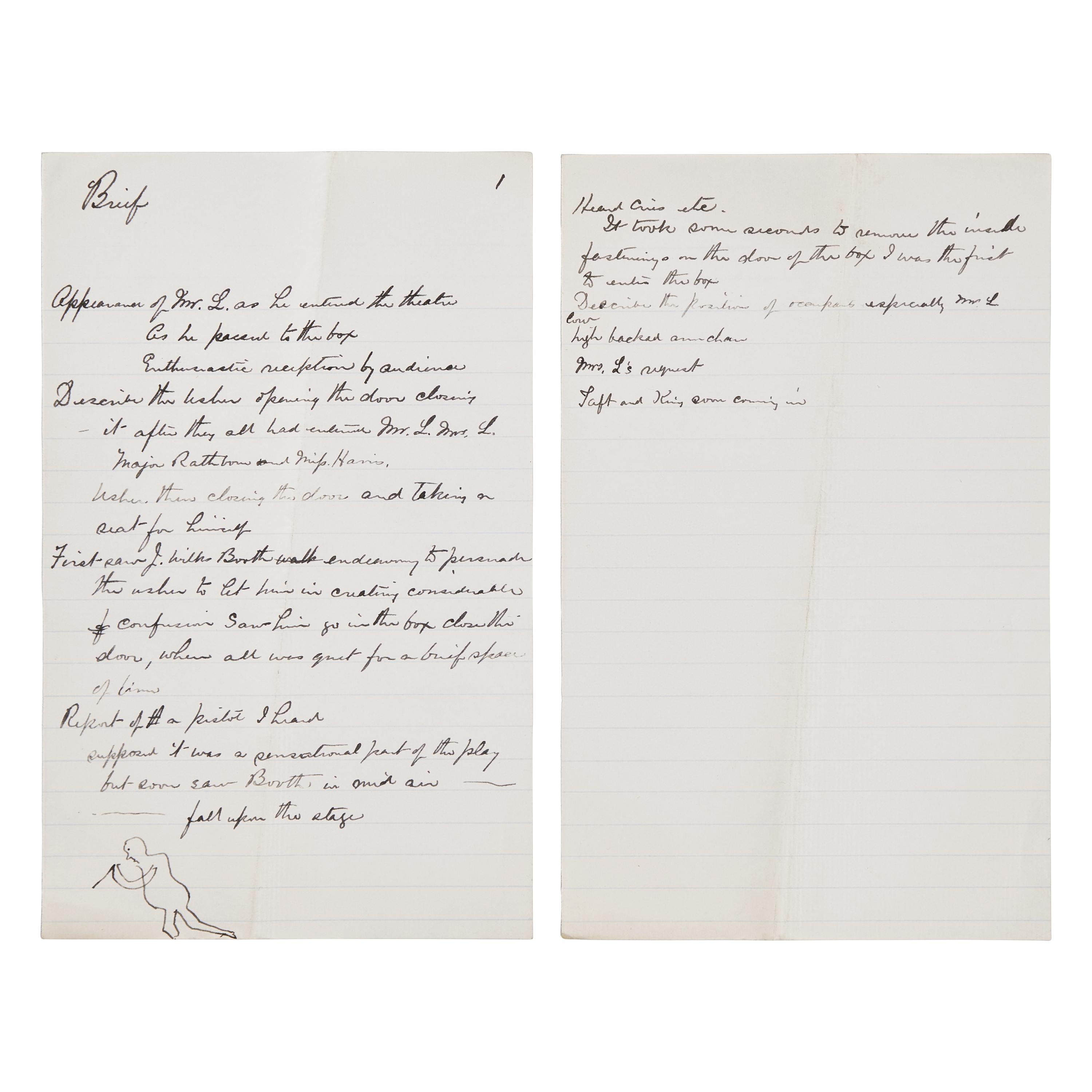 [Lincoln, Abraham] Leale, Charles A. Autograph Notes Recounting Lincoln's Assassination