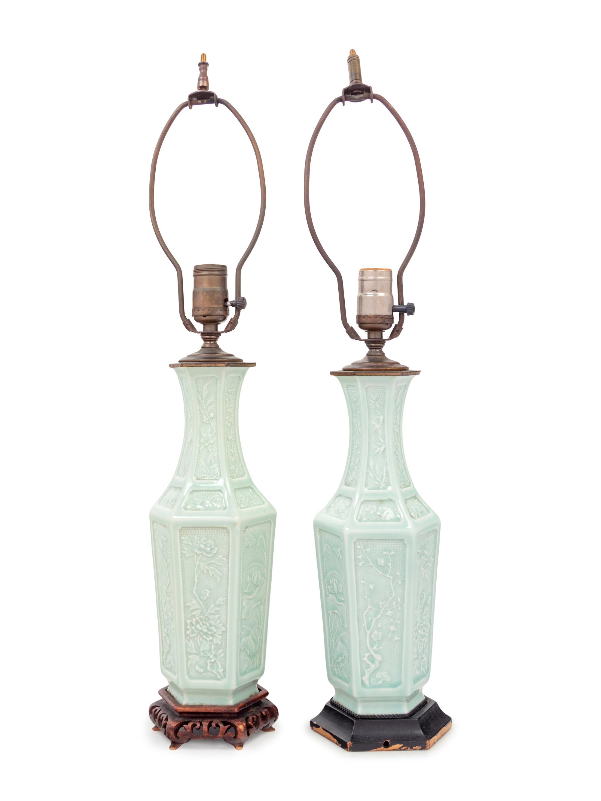 A Pair of Celadon Glazed Porcelain Vases Mounted as Lamps