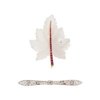 MULTIGEM LEAF BROOCH AND DIAMOND BAR PIN