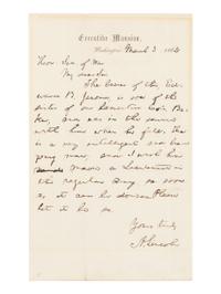 LINCOLN, Abraham (1809-1865). Autograph letter, signed ("A. Lincoln"), to Secretary of War Edwin Stanton. Executive Mansion, Washington, D.C., 3 March 1862.
