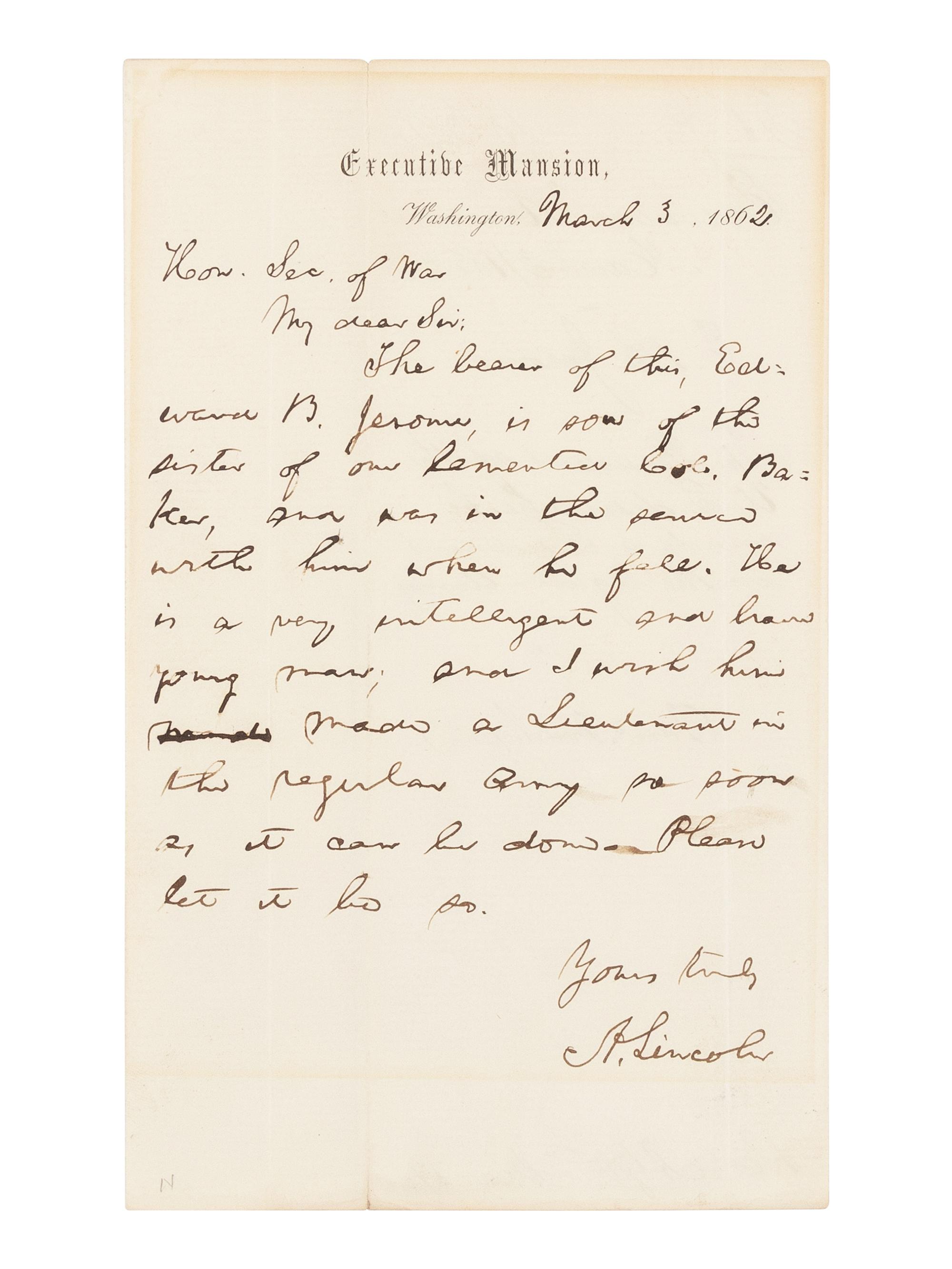 LINCOLN, Abraham (1809-1865). Autograph letter, signed ("A. Lincoln"), to Secretary of War Edwin Stanton. Executive Mansion, Washington, D.C., 3 March 1862.