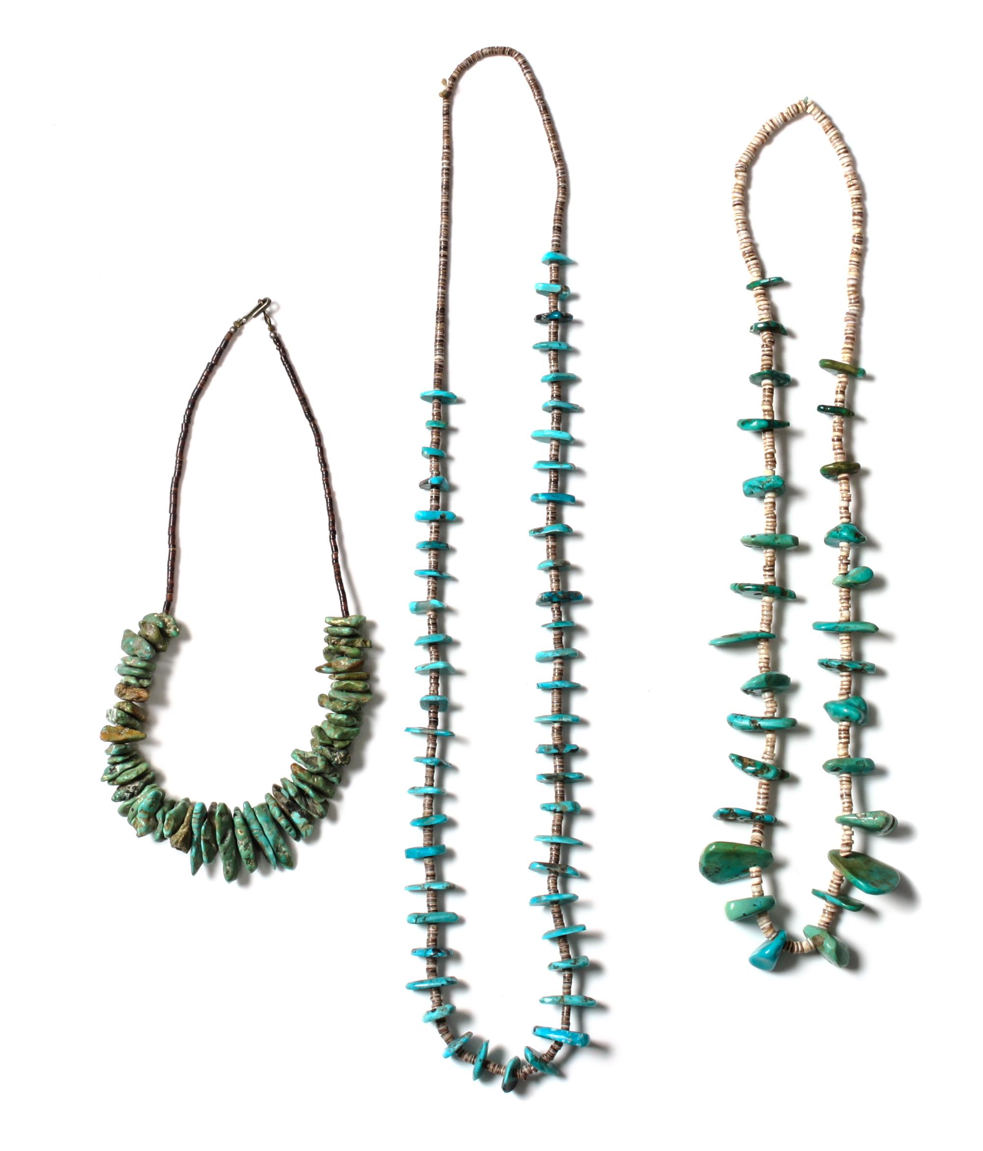 Three Southwestern Style Tab Necklaces Length of longest 28 inches.
