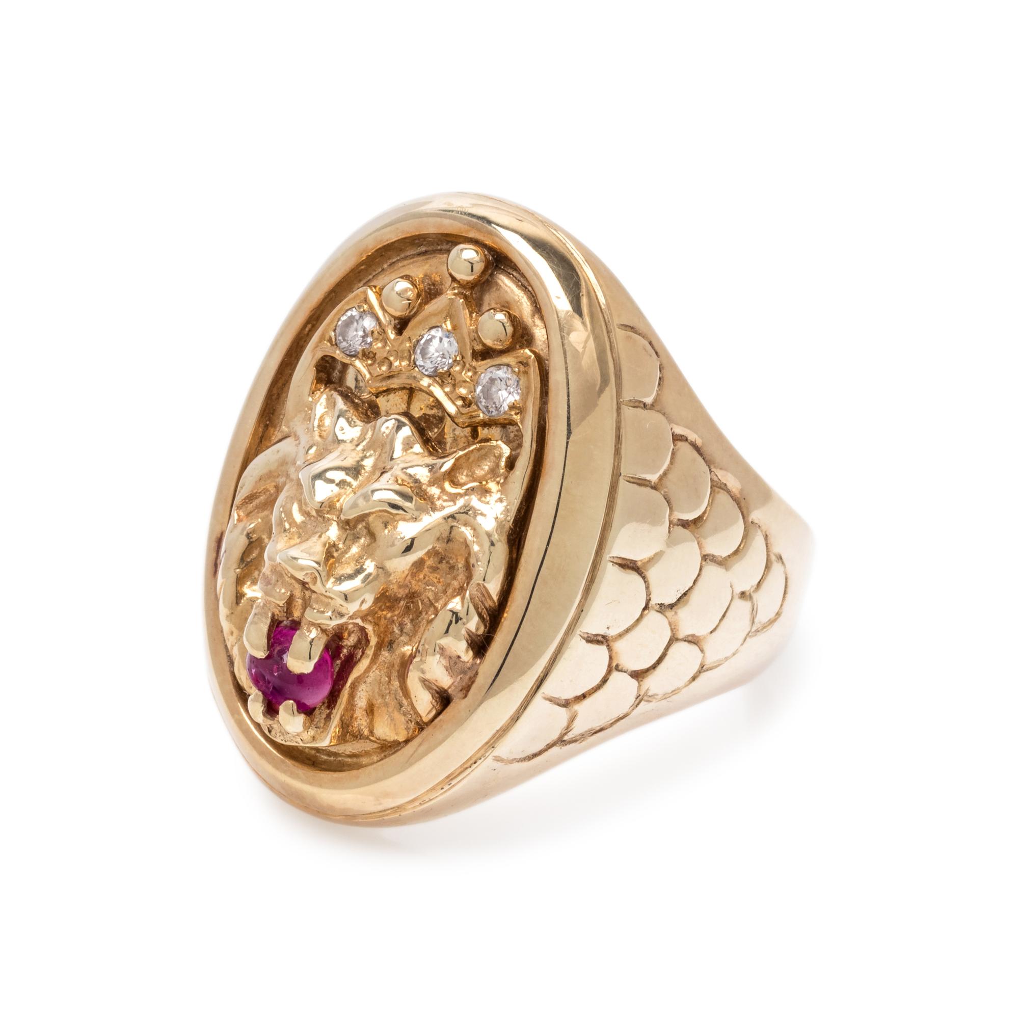YELLOW GOLD, RUBY AND DIAMOND LION RING