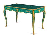 A Louis XV Style Gilt Bronze Mounted Malachite Veneered Bureau Plat