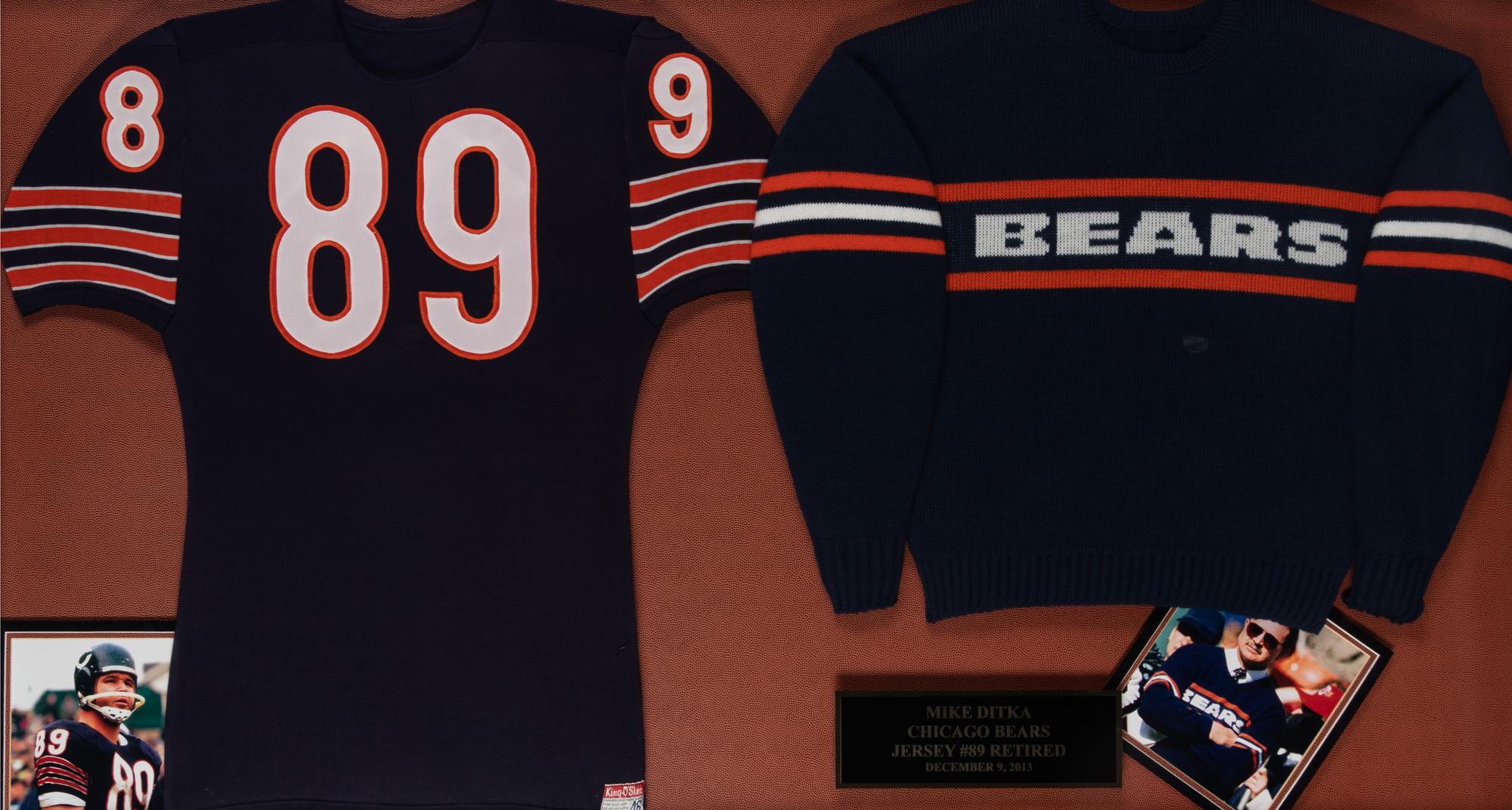 Mike Ditka's Chicago Bears Jersey and Sweater Retirement Presentation Formerly Displayed at Mike Ditka's Restaurant