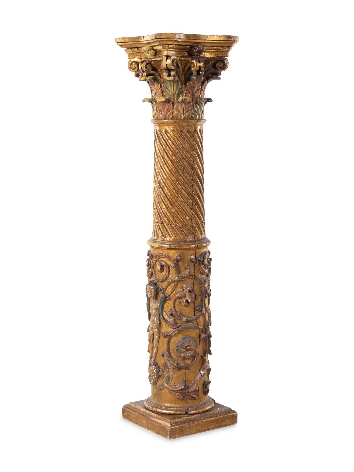 A Neoclassical Gilt and Polychrome Decorated Carved Wood Column