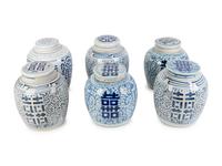 Three Pairs of Chinese Blue and White Happiness Jars — 20TH CENTURY