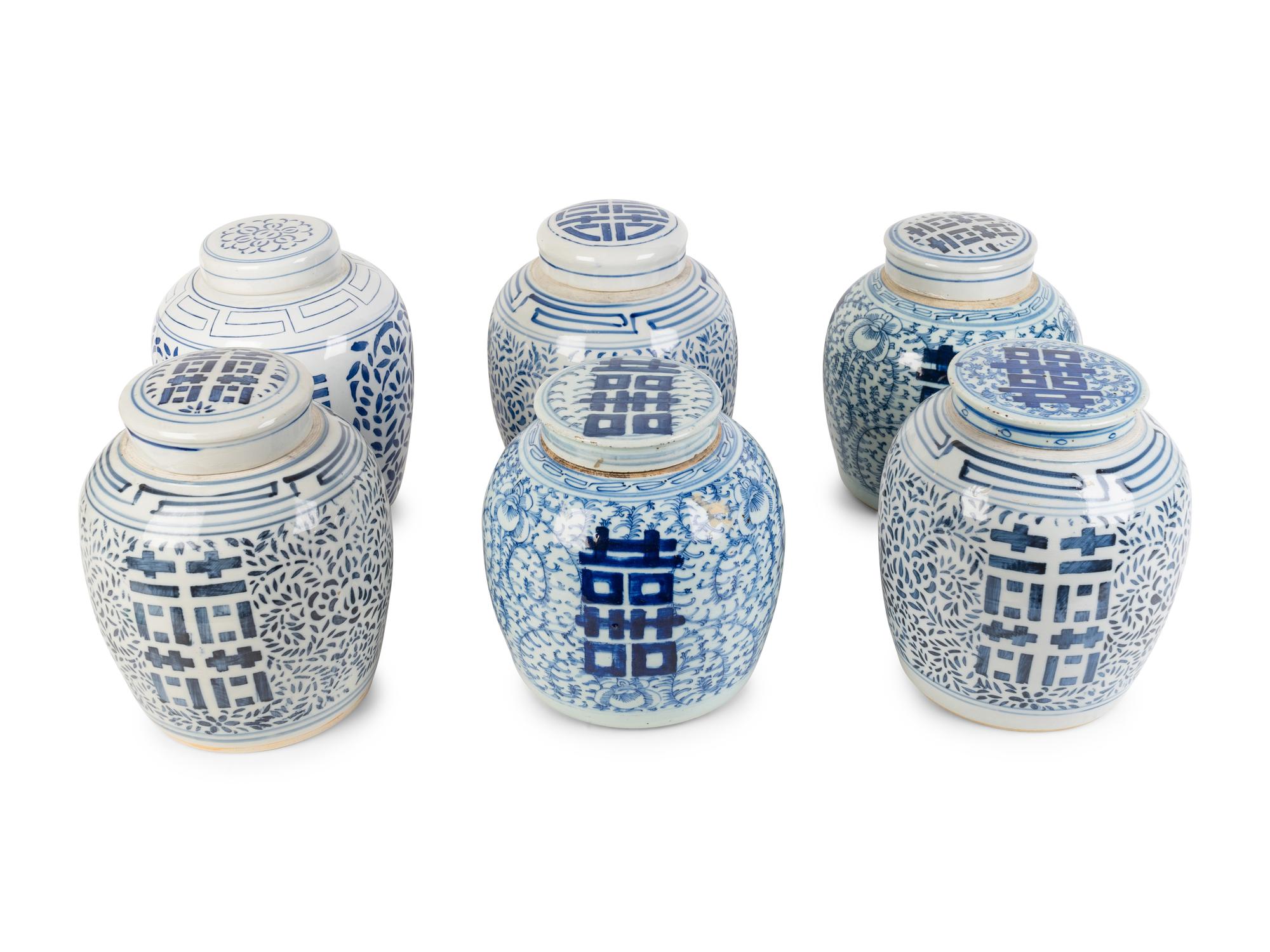 Three Pairs of Chinese Blue and White Happiness Jars — 20TH CENTURY